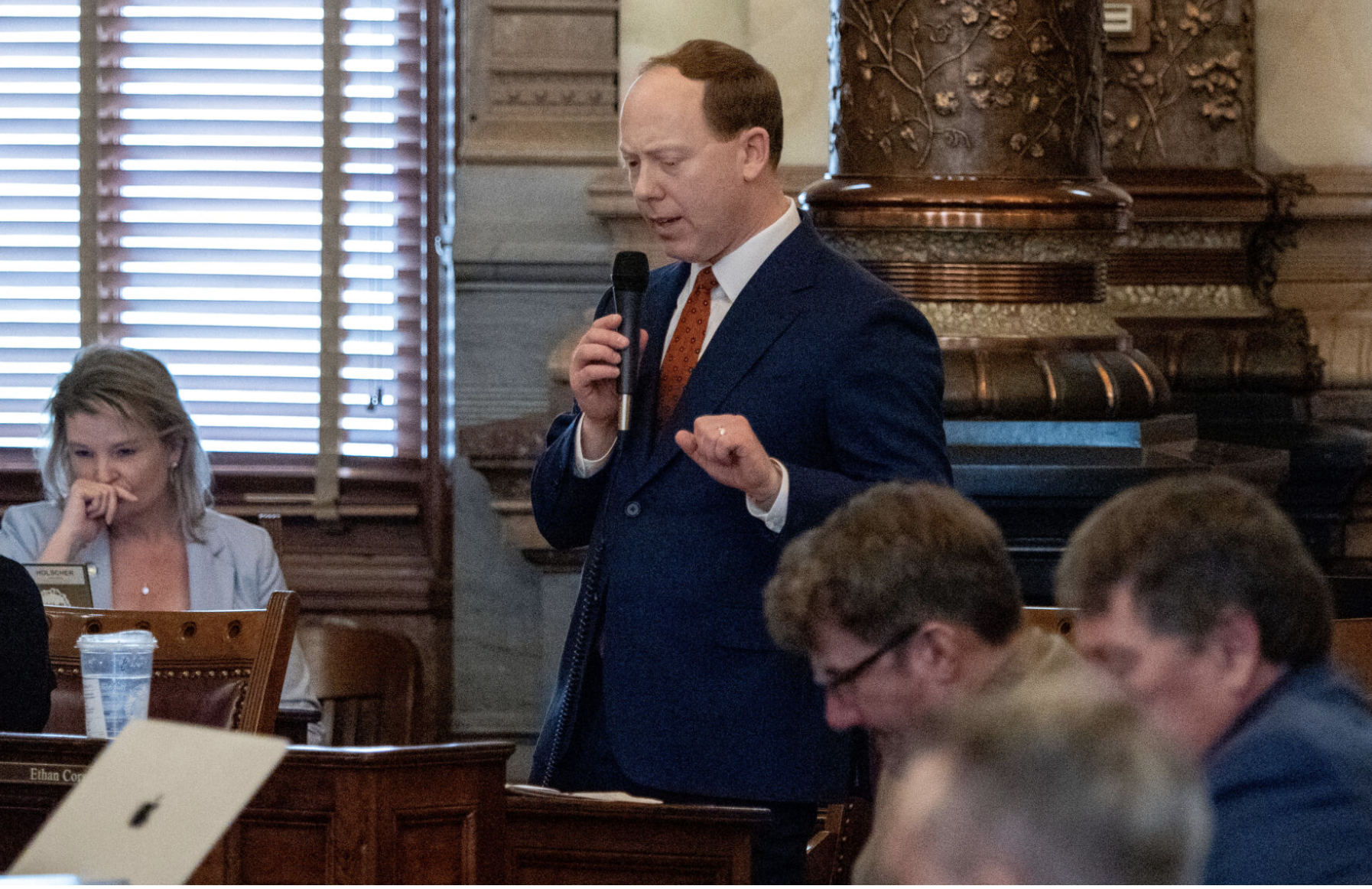 Sen. Ethan Corson, D-Fairway, addresses the Senate during an April 9, 2026, session. Corson blamed Senate President Ty Masterson for failing to deliver property tax relief. (Photo by Sherman Smith/Kansas Reflector)