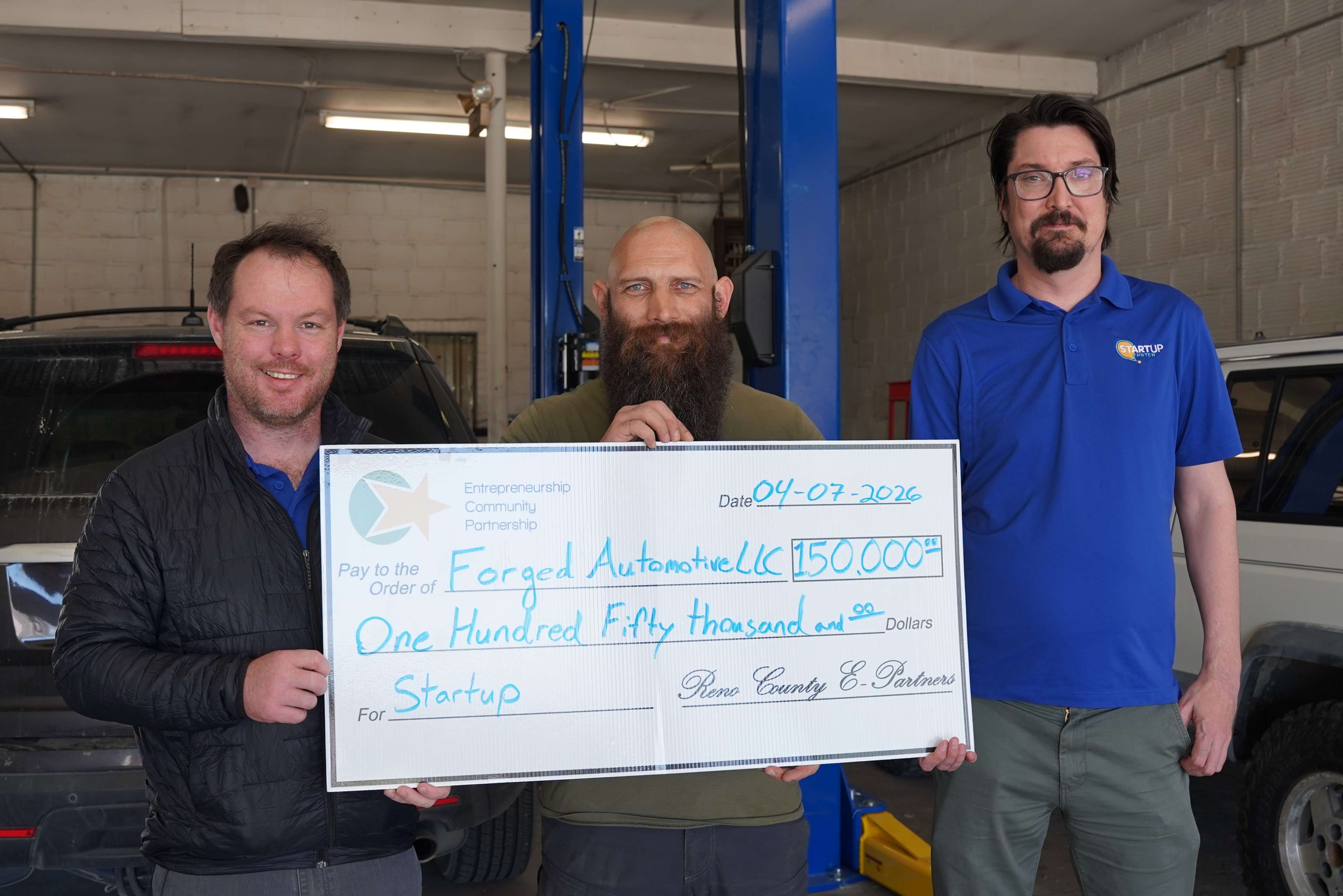 Graham Klemme, Executive Director of StartUp Hutch (L), Elijah Crist of Forged Automotive (m) and Christopher Acker of StartUp Hutch. 