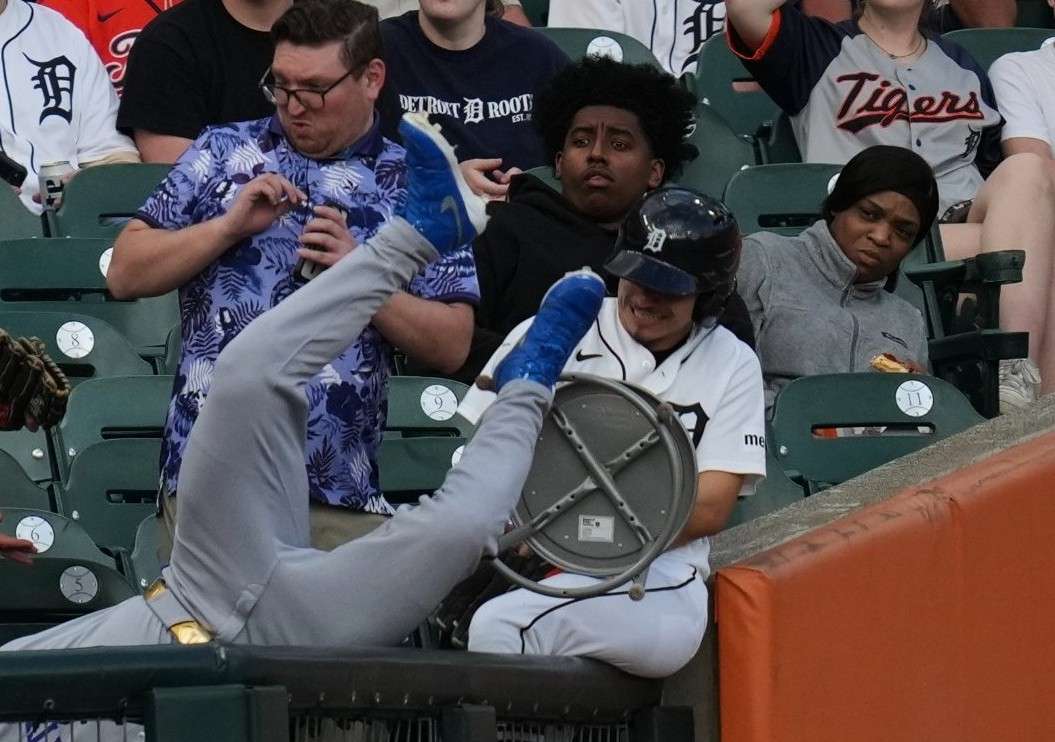 Royals left fielder Isaac Collins tumbled into the stands running down a ball in foul territory.&nbsp; He exited the game as Kansas City fell to Detroit 2-1/ Photo courtesy of X
