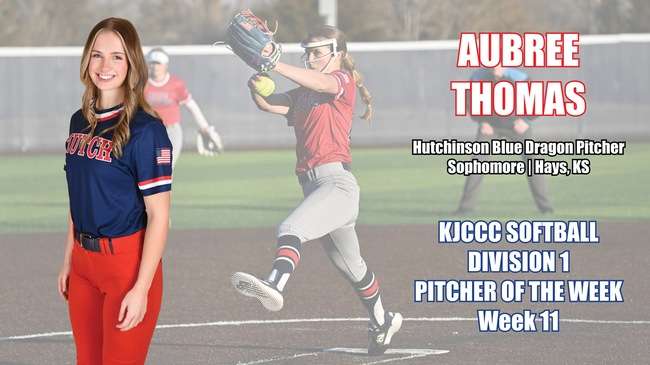 Blue Dragon sophomore pitcher Aubree Thomas was named the KJCCC Division I Softball Pitcher of the Week on Tuesday.