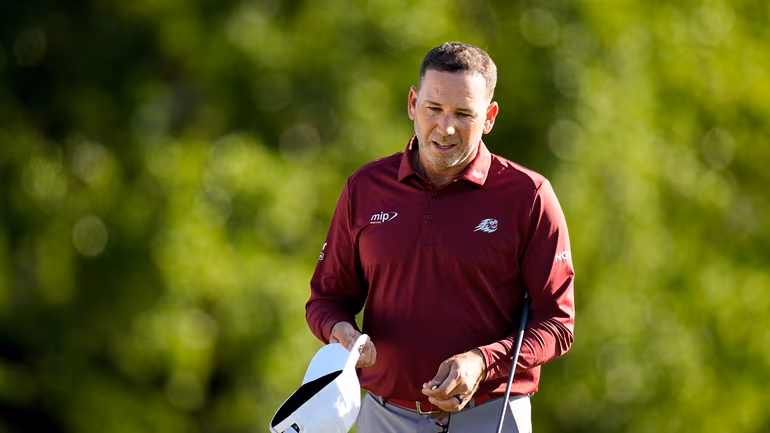 Sergio Garcia, of Spain, finshes his first round in the Masters golf tournament at the Augusta National Golf Club, Thursday, April 9, 2026, in Augusta, Ga. (AP Photo/Eric Gay)