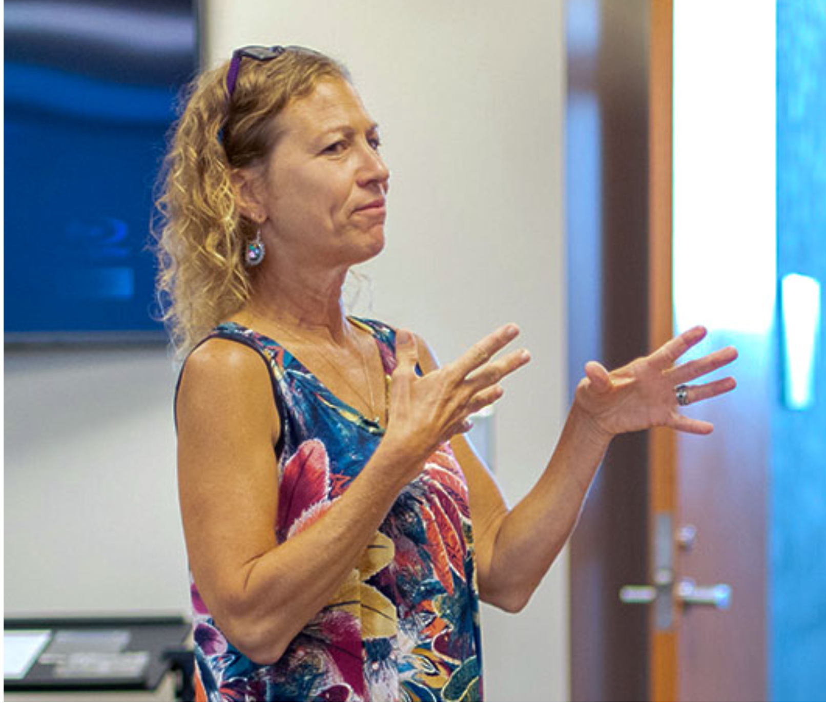  Petra Horn-Marsh, a sign language educator at the University of Kansas, presented an argument to the Kansas State Board of Education to support a request for reopening the search for a superintendent at the Kansas School for the Deaf. Advocates of a redo say the search committee includes no deaf individuals. (University of Kansas)