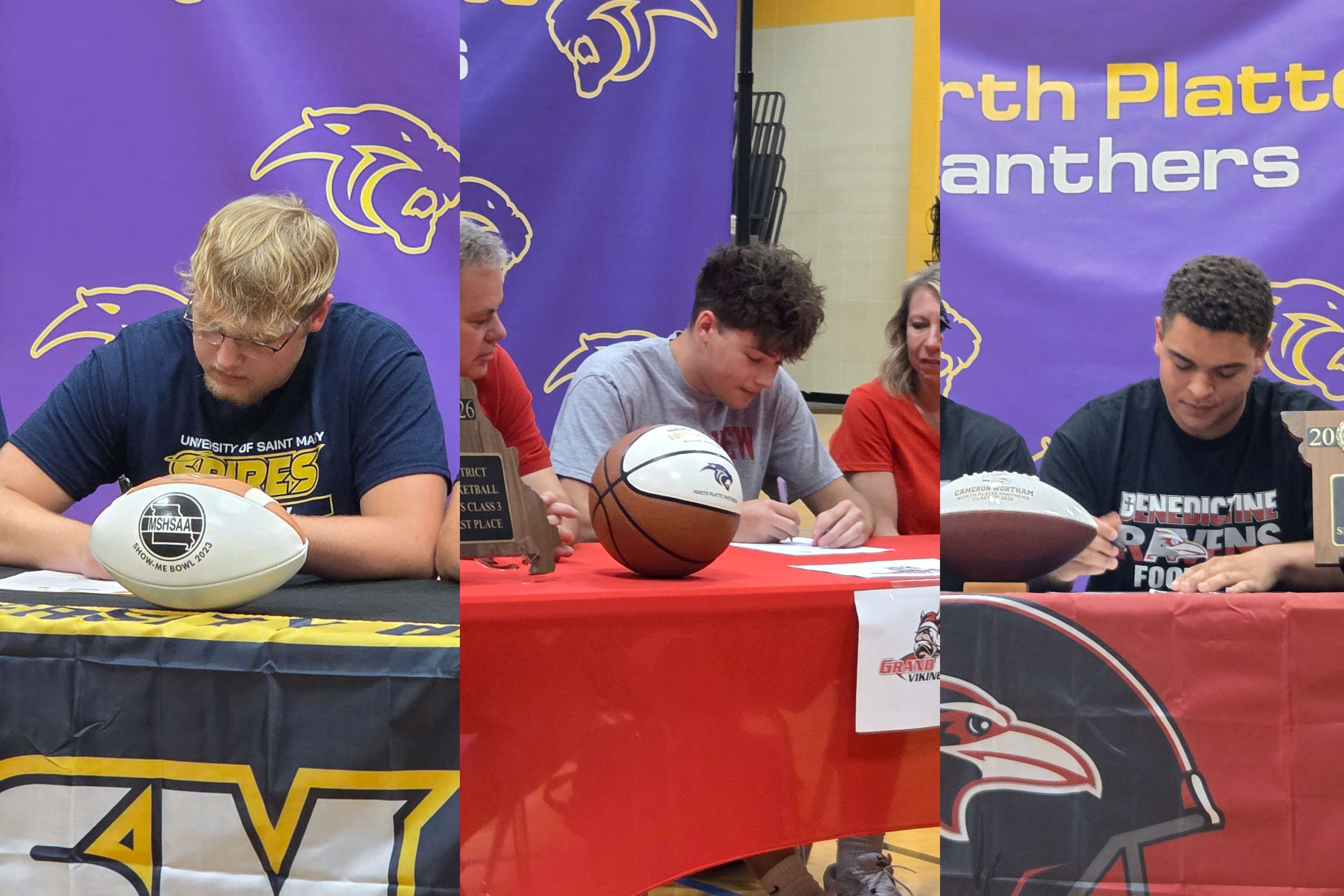 North Platte offensive lineman Chase Harper (left), boy's basketball guard Brenden Matt (middle), and offensive lineman/defensive lineman Cameron Wortham (right) signed their National Letters of intent today to continue their athletic career's in college/ Photos by Matt Pike
