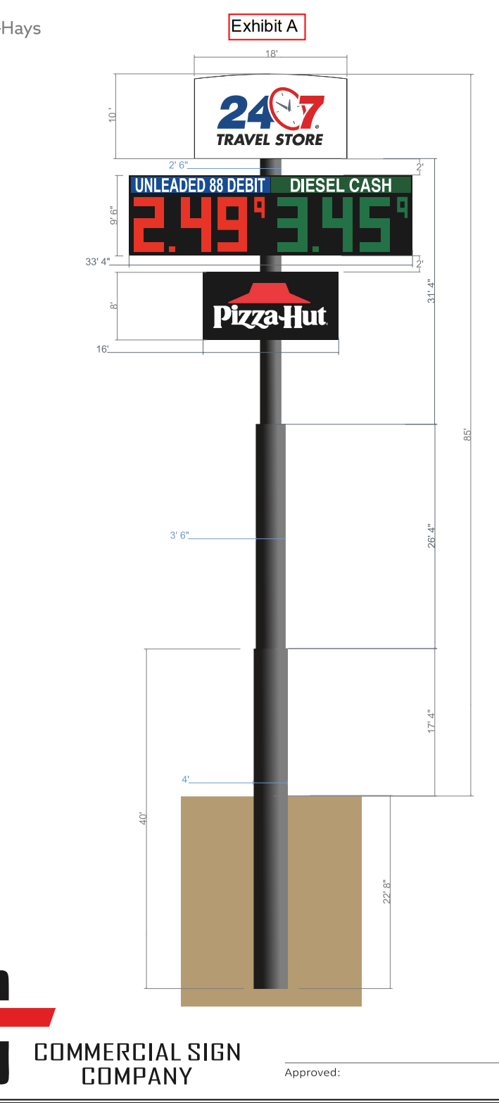 Sign pole variances requested for proposed 24/7 Travel Store north of I-70 in Hays. Image courtesy Sam Parker/Commercial Sign Company