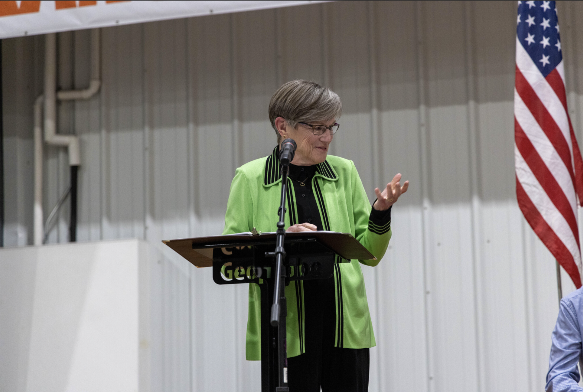 Governor Laura Kelly gives remarks during "Exporter of the Year" event at Geoprobe Systems on Thursday, April 16 - Photo, Maria Gutierrez of Geoprobe Systems