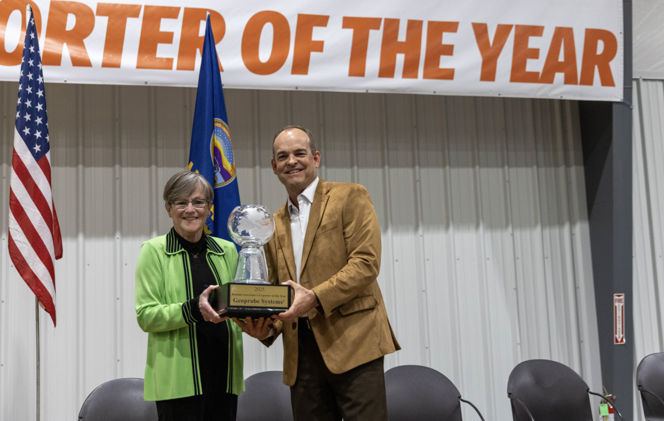 Kansas Governor Laura Kelly awards Geoprobe Systems President, Tom Omli with the 2025 "Exporter of the Year" award on Thursday, April 16 in Salina, KS - Photo, Maria Gutierrez of Geoprobe Systems
