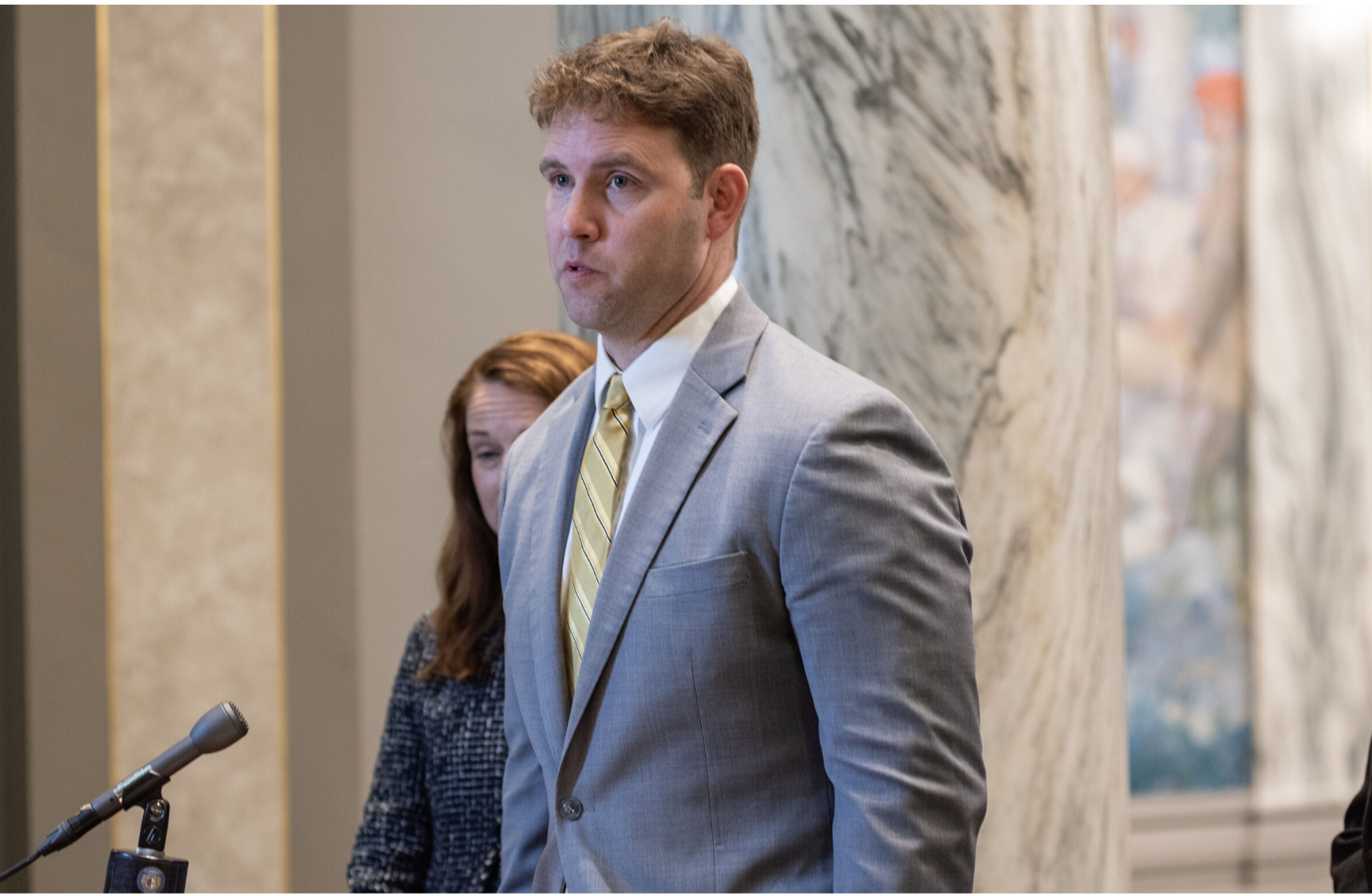 State Sen. Stephen Webber, a Columbia Democrat, speaks at a mid-session press conference after the Senate adjourned for spring break March 1 (Annelise Hanshaw/Missouri Independent).