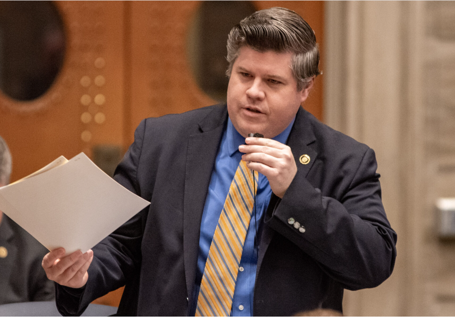  Sen. Curtis Trent, a Republican from Springfield, introduces a bill in the Senate on Feb. 12, 2024 (Annelise Hanshaw/Missouri Independent).