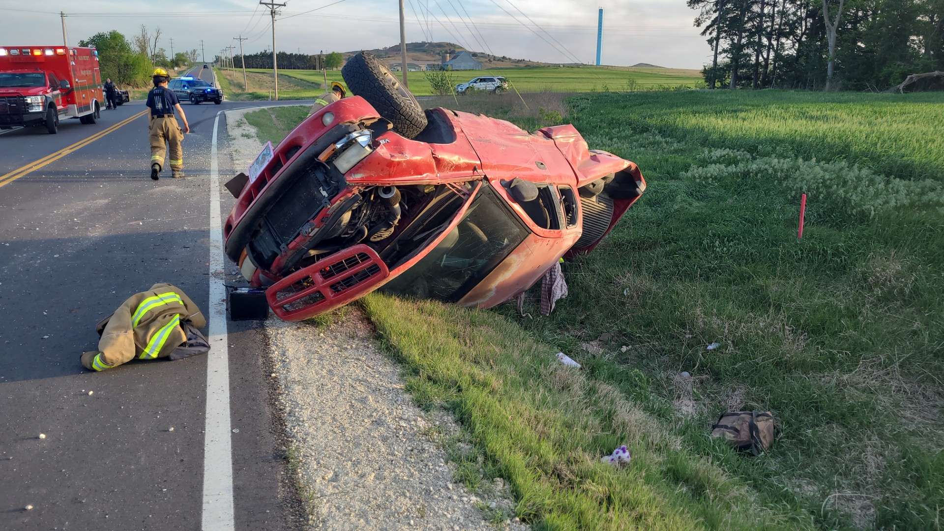 Red 1997 Dodge Dakota pickup rolled over after rear-ending another vehicle at the intersection of Burma and Falun roads on April 16, 2026 - Photo, Saline County Sheriff's Office