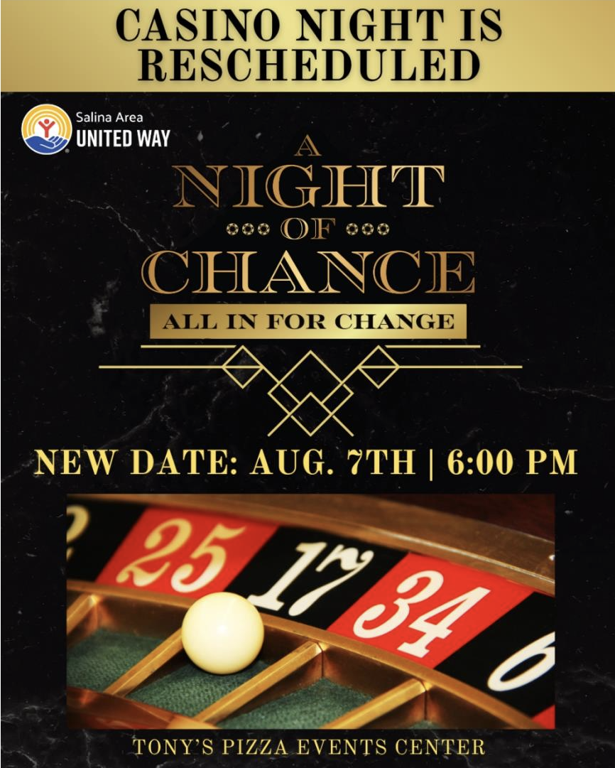 Reschedule announcement for <b>Aug. 7, 2026</b> - "A Night of Chance: All In for Change" - Salina Area United Way