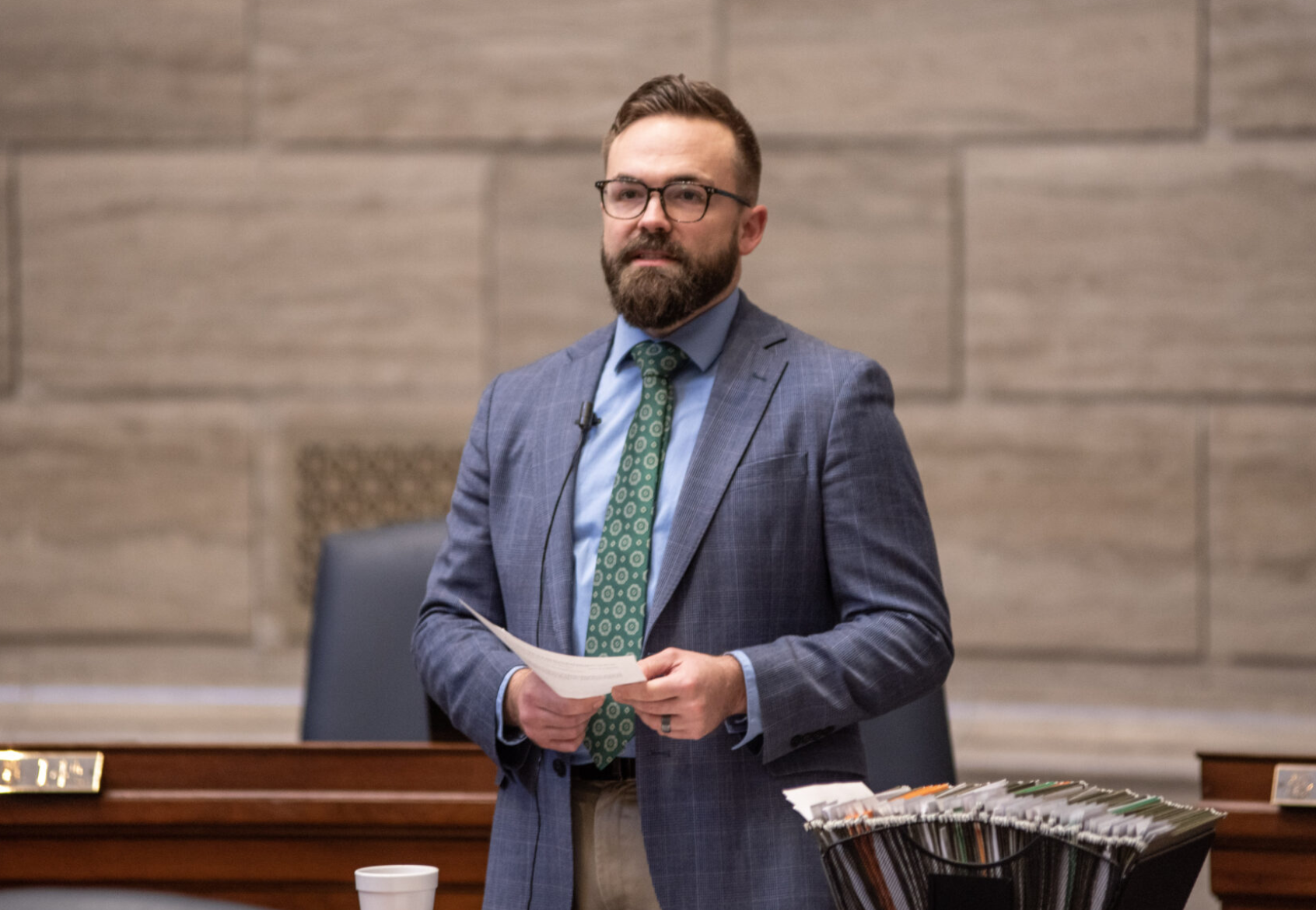 State Sen. Nick Schroer, a Defiance Republican, presents a bill to the Senate on April 9, 2025 (Annelise Hanshaw/Missouri Independent).