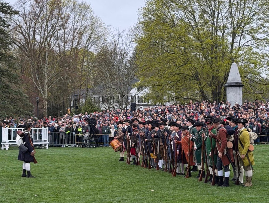 The Lexington Minute Men stand on the Battle Green as part of the reenactment of the Battle of Lexington on Saturday, April 18. (Photo courtesy Lexington Minute Men)