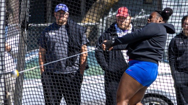 Deisheline Mayer Scott qualifies for the NJCAA outdoor championships with a personal record of 163 feet, 8 inches in the hammer throw of the ESU Relays on Thursday in Emporia. (Sydney Holzrichter/Blue Dragon Sports Information)