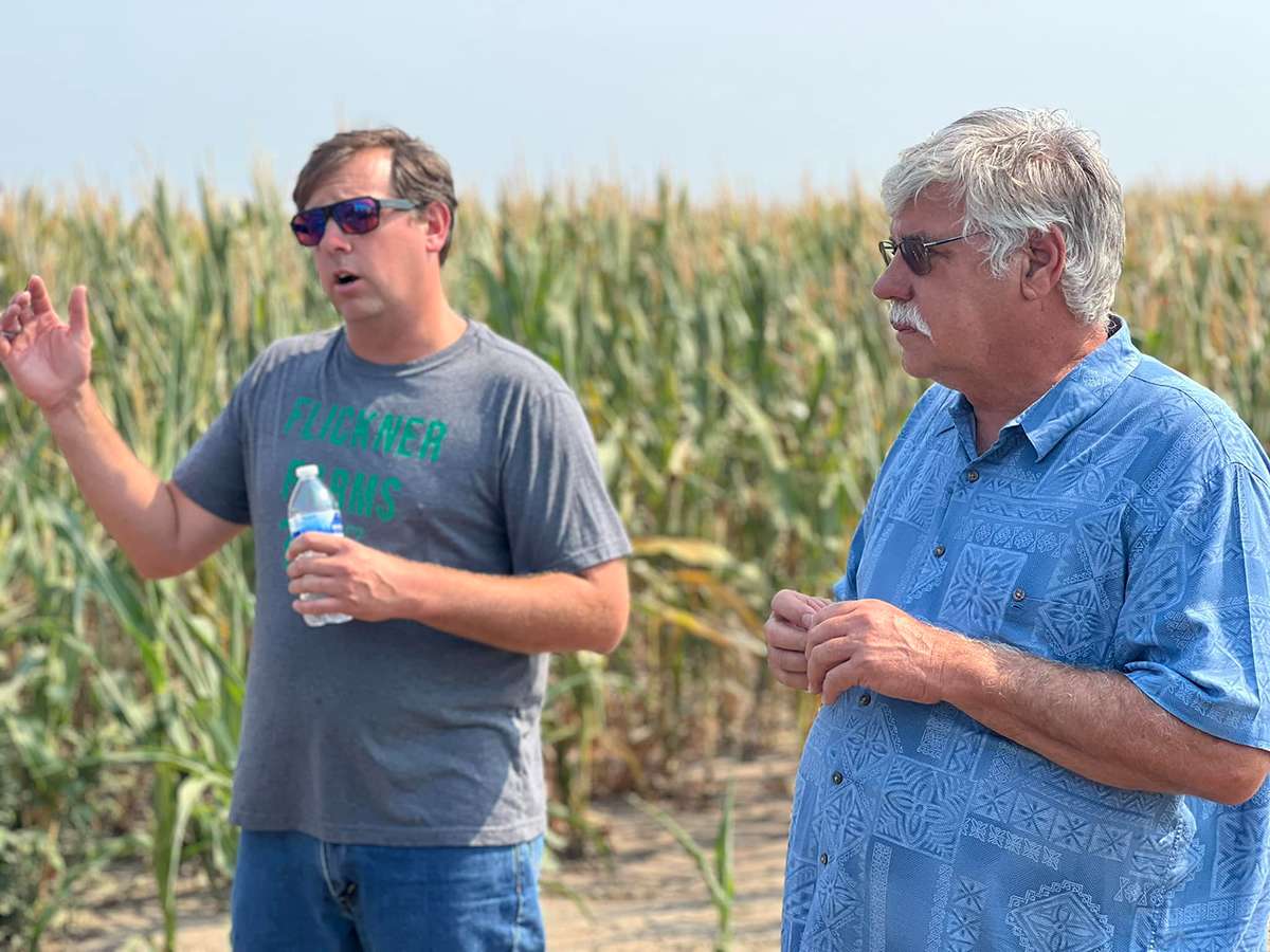 Ryan and Ray Flickner, respectively the sixth and fifth generations in a family that has pioneered Kansas agriculture, continue to build on the family's legacy through the Flickner Innovation Farm near Moundridge in central Kansas. (Photo courtesy of KK-State News and Communications Services.)