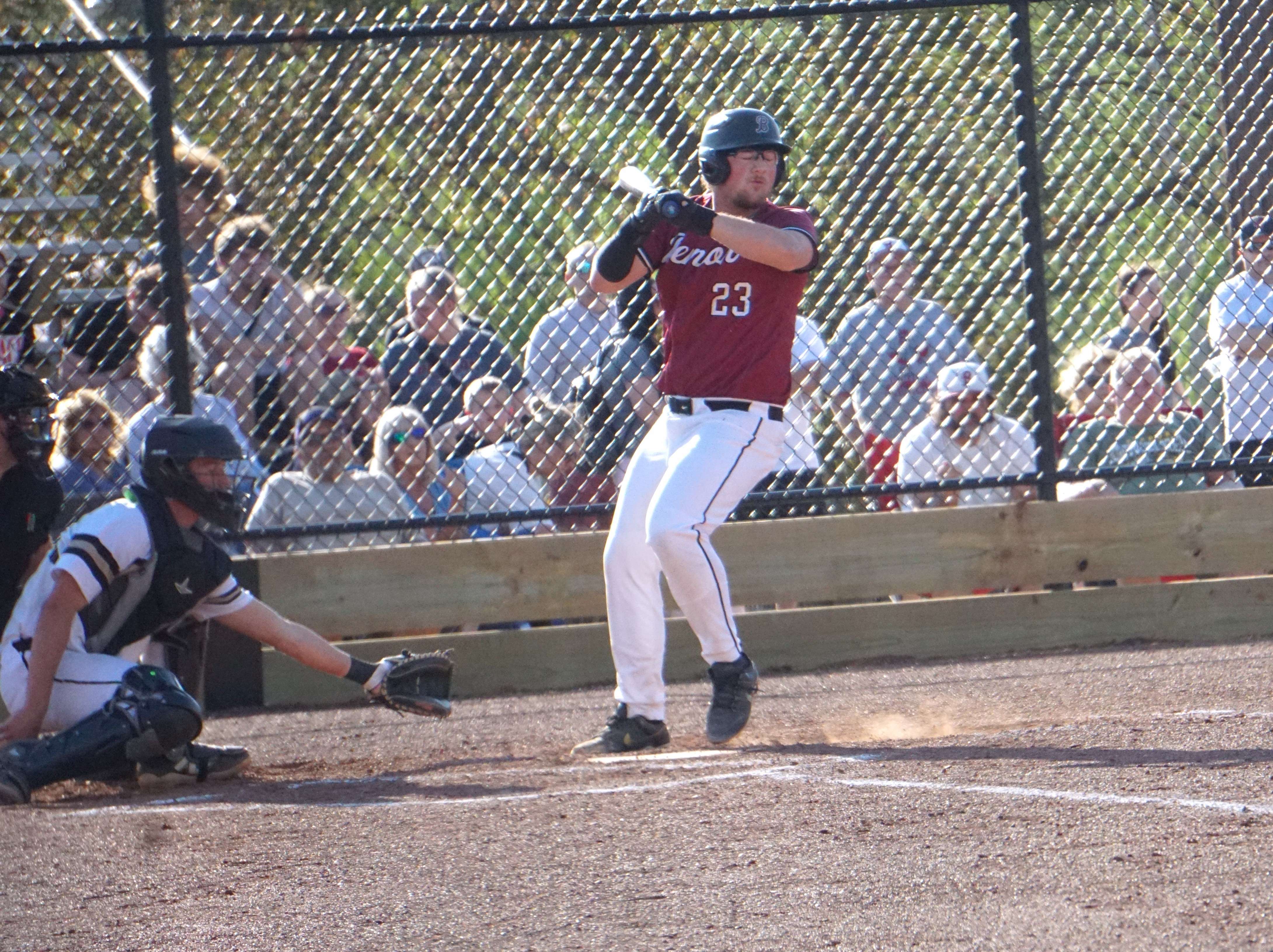 Benton's Titan Helfrey is hit by a pitch during a matchup with Savannah.&nbsp; Benton fell in the second round of rankings from the Missouri High School Baseball Coaches Association/ Photo by Matt Pike