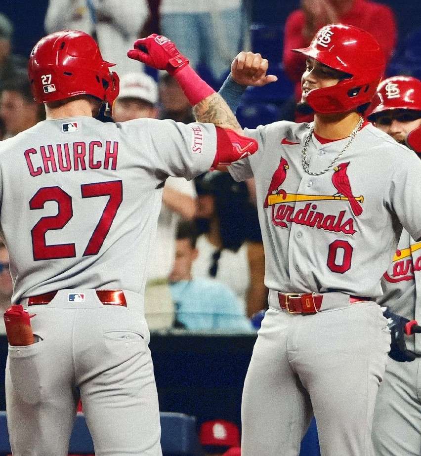 Masyn Winn celebrates with Nathan Church after Church's two run home run that put St. Louis ahead of Miami 4-1/ Photo courtesy of the Cardinals on X