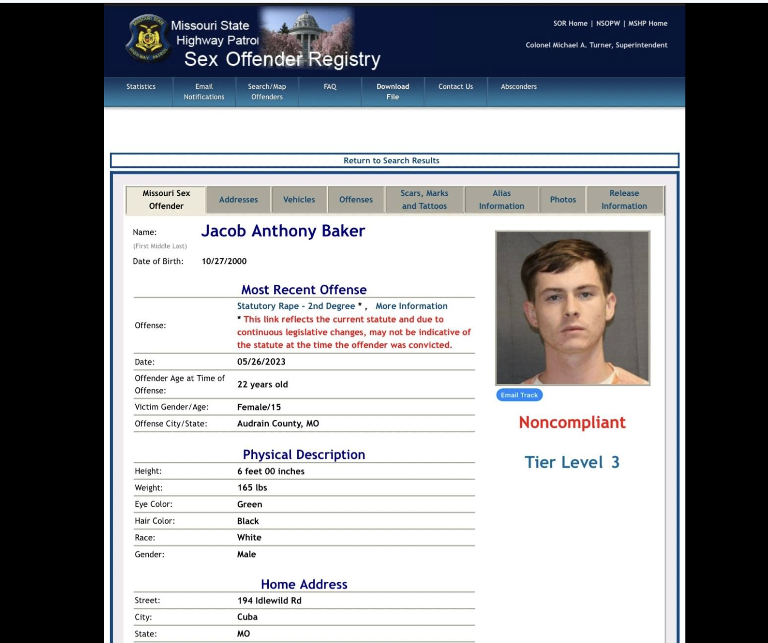 -The Crawford County , Mo. Sheriff’s Office this week requested the public’s assistance in locating a non-compliant sex offender, Jacob Anthony Baker, 25, Cuba, who is currently out of compliance with Missouri registration requirements.
