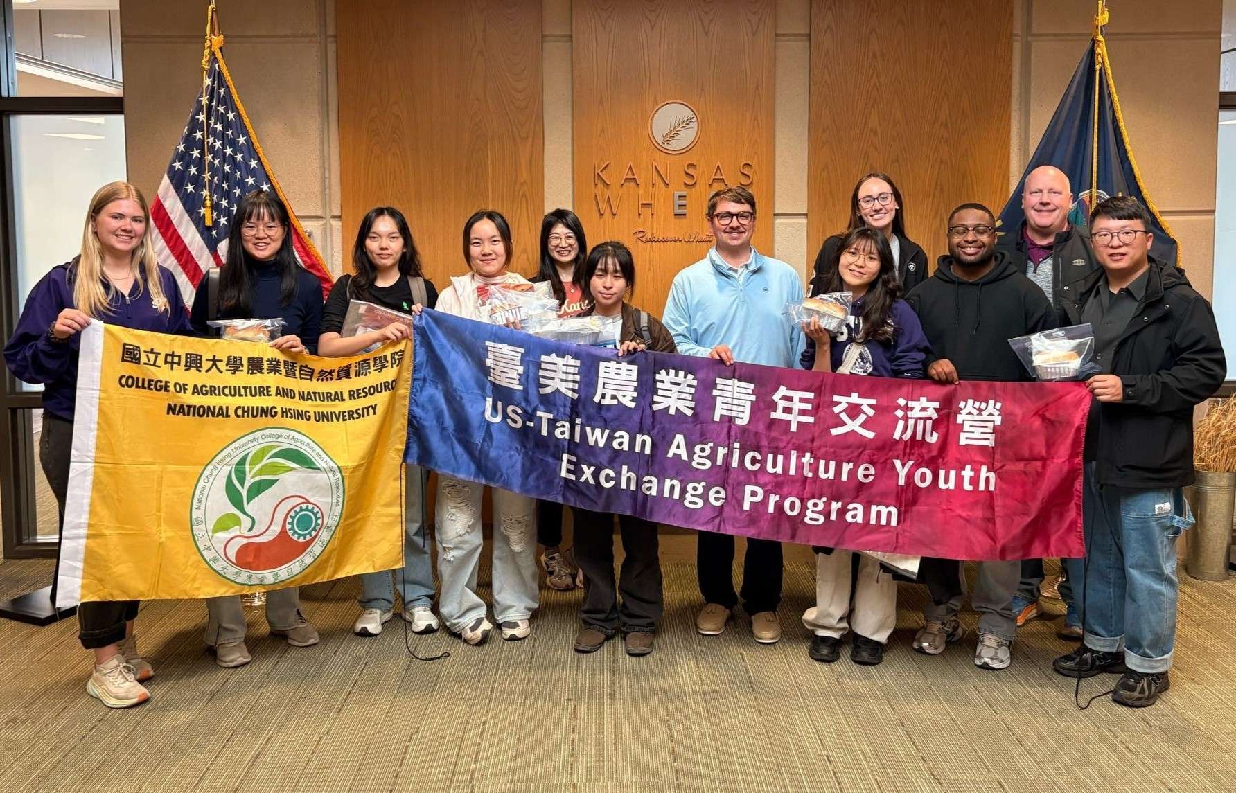 Students from National Chung Hsing University in Taiwan, along with their Kansas State University student hosts, visit Kansas Wheat in Manhattan as part of the Taiwan Agricultural Youth Exchange Program. Wheat is one of the top five products exported to Taiwan. (Photo courtesy Kansas Department of Agriculture)