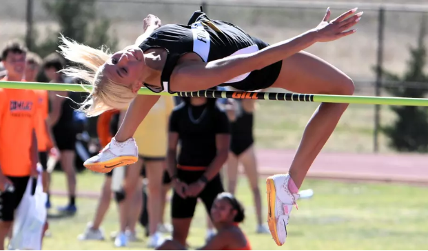 Fort Hays State's Katie Linenberger breaks the outdoor school record in the high jump, clearing the bar at 5-10 at the Alex Francis Classic on Thursday, April 23, 2026 in Hays, Kan. (FHSU Athletics photo/Ryan Prickett)