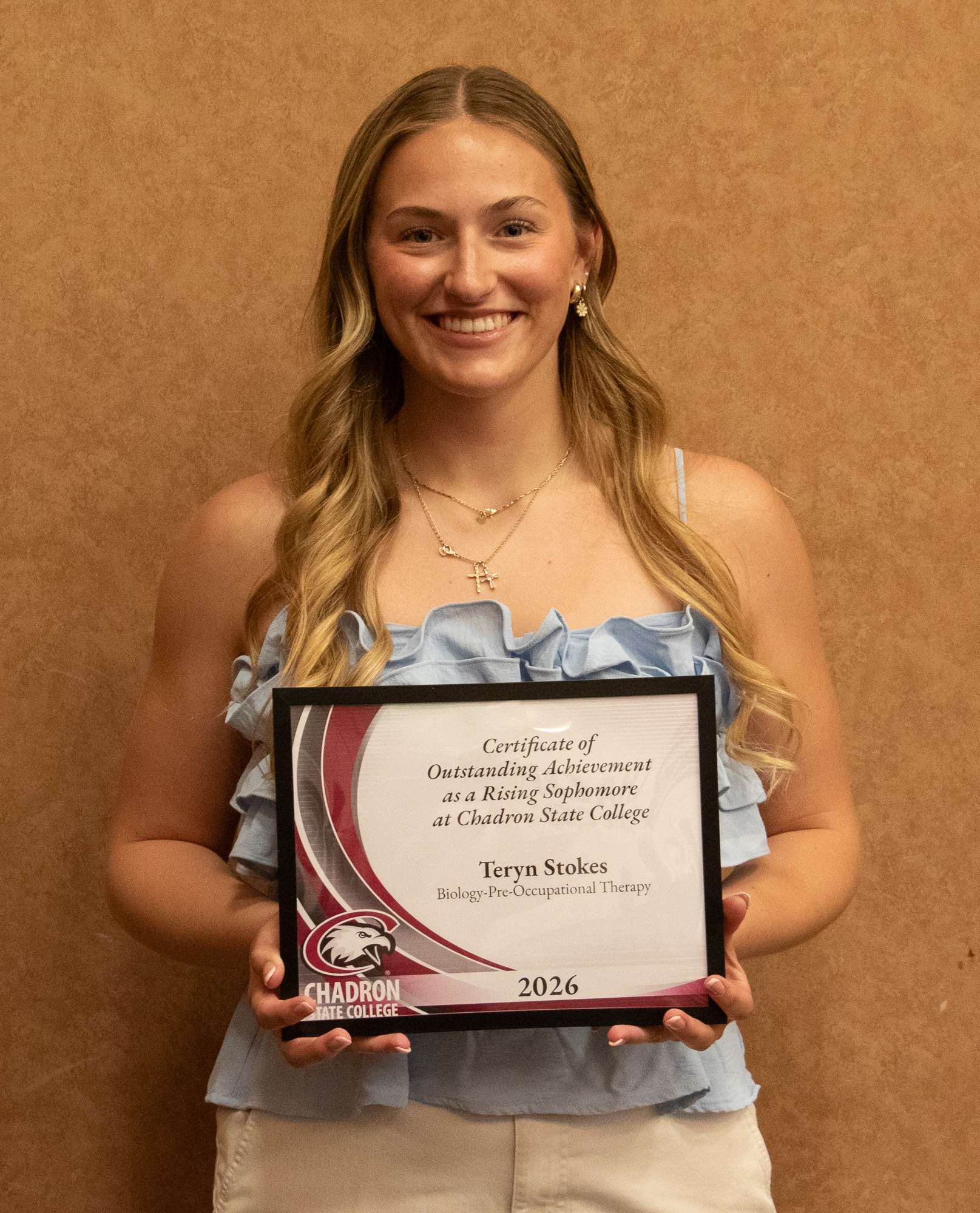 Chadron State College student Teryn Stokes of Torrington, Wyo., poses April 15, 2026, in the Student Center. Stokes was honored as the top student in Pre-Occupational Therapy during the Rising Sophomore Award Ceremony. (Photo by Tena L. Cook/Chadron State College)