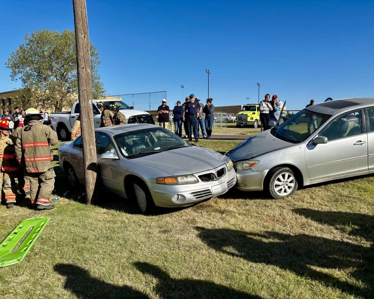 The two vehicles used in the mock crash&nbsp;at Victoria High School. Photo by Tony Guerrero/Hays Post