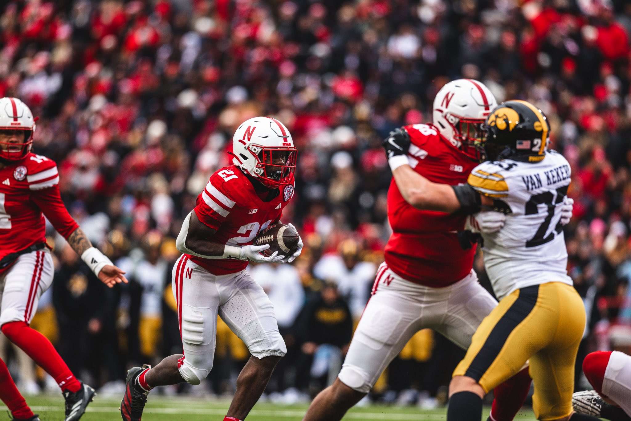 Emmett Johnson (21) ran for 217 yards and a touchdown against Iowa.&nbsp; The Kansas City Chiefs selected Johnson in the fifth round of the 2026 NFL Draft with pick No. 161/ Photo courtesy of Nebraska Football on X