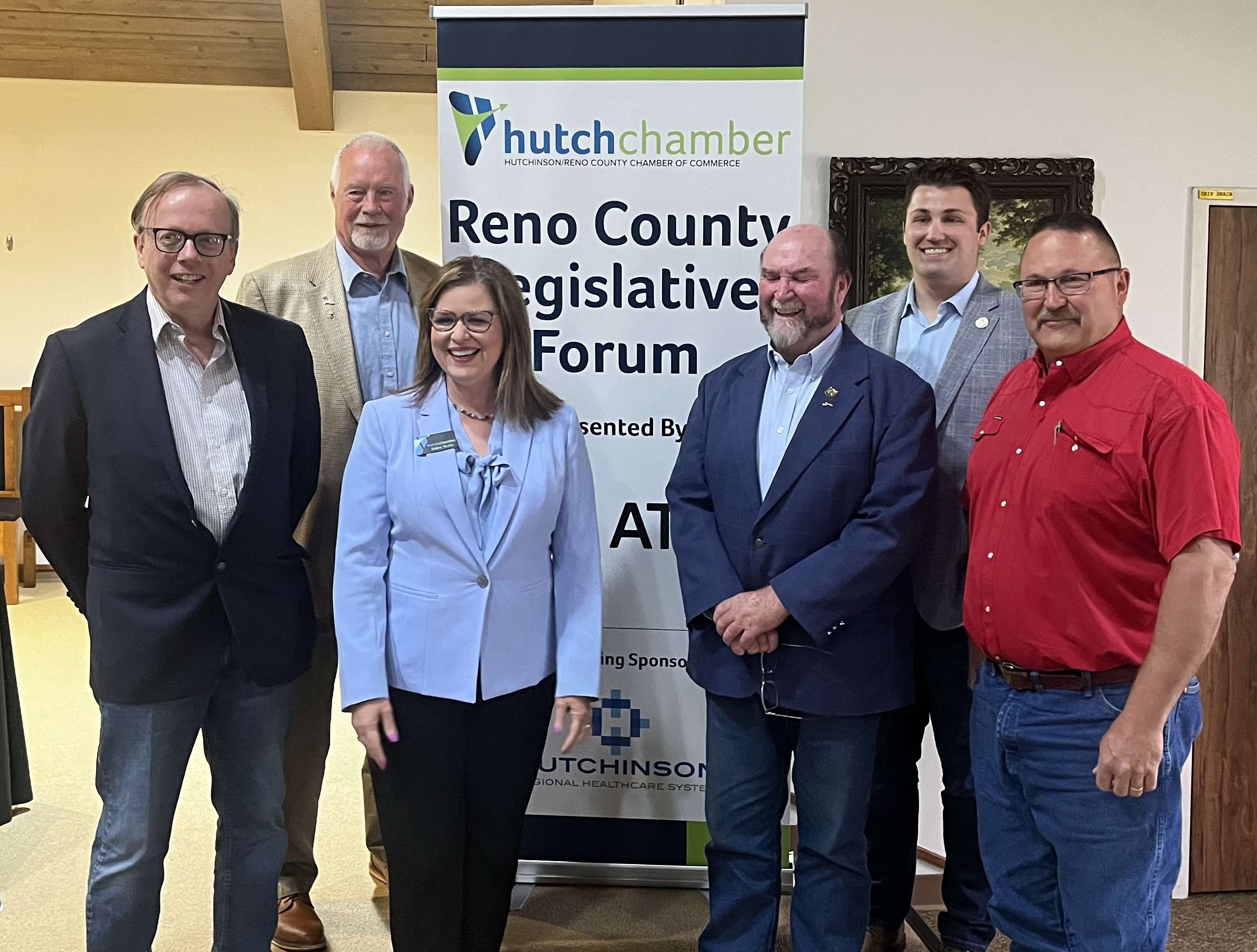 Rep. Paul Waggoer, State Senator Michael Murphy, Debra Teufel President of the Hutchinson/Reno County Chamber of Commerce, Rep. Joe Seiwert, Rep. Kyler Sweely and Rep. Kevin Schwertfeger following the final legislative forum for the 2026 legislative session on April 25, 2026. (Hutch Post photo)