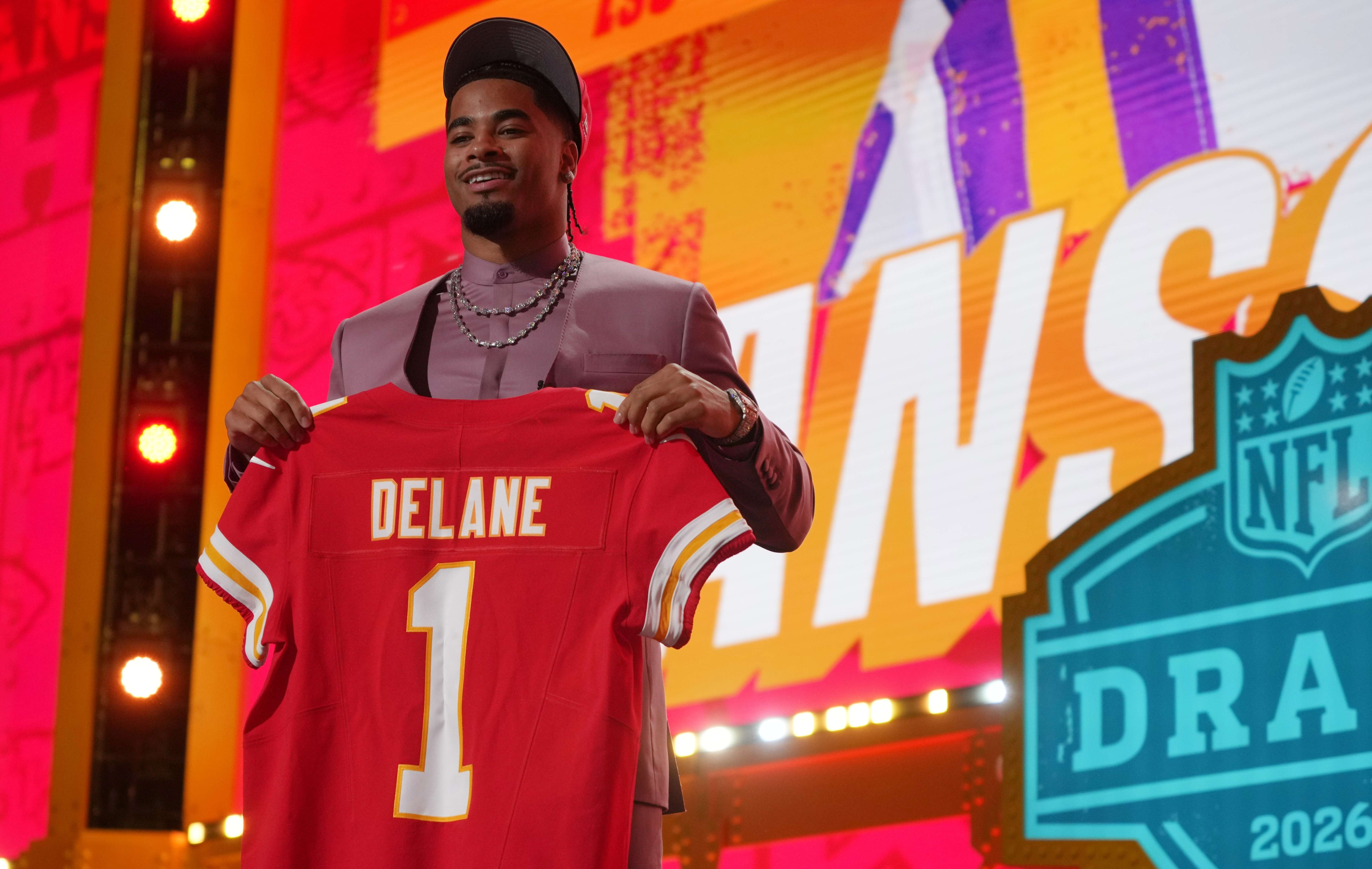 LSU defensive back Mansoor Delane poses after being chosen by the Kansas City Chiefs with the sixth overall pick during the first round of the NFL football draft, Thursday, April 23, 2026, in Pittsburgh. (AP Photo/Gene J. Puskar)