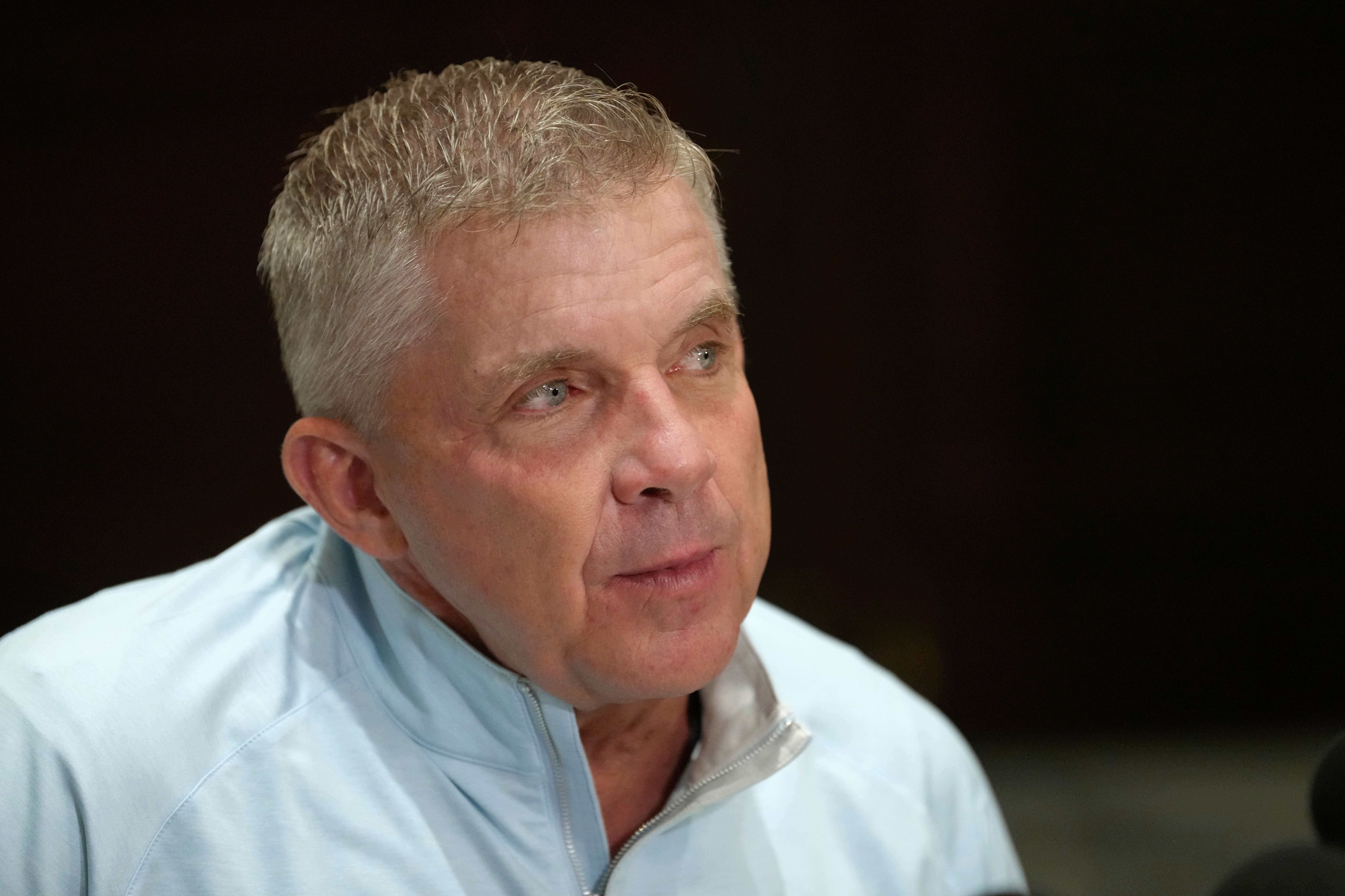 Denver Broncos head coach Sean Payton listens to a question from a reporter at the NFL football annual meetings, Tuesday, March 31, 2026, in Phoenix. (AP Photo/Ross D. Franklin)