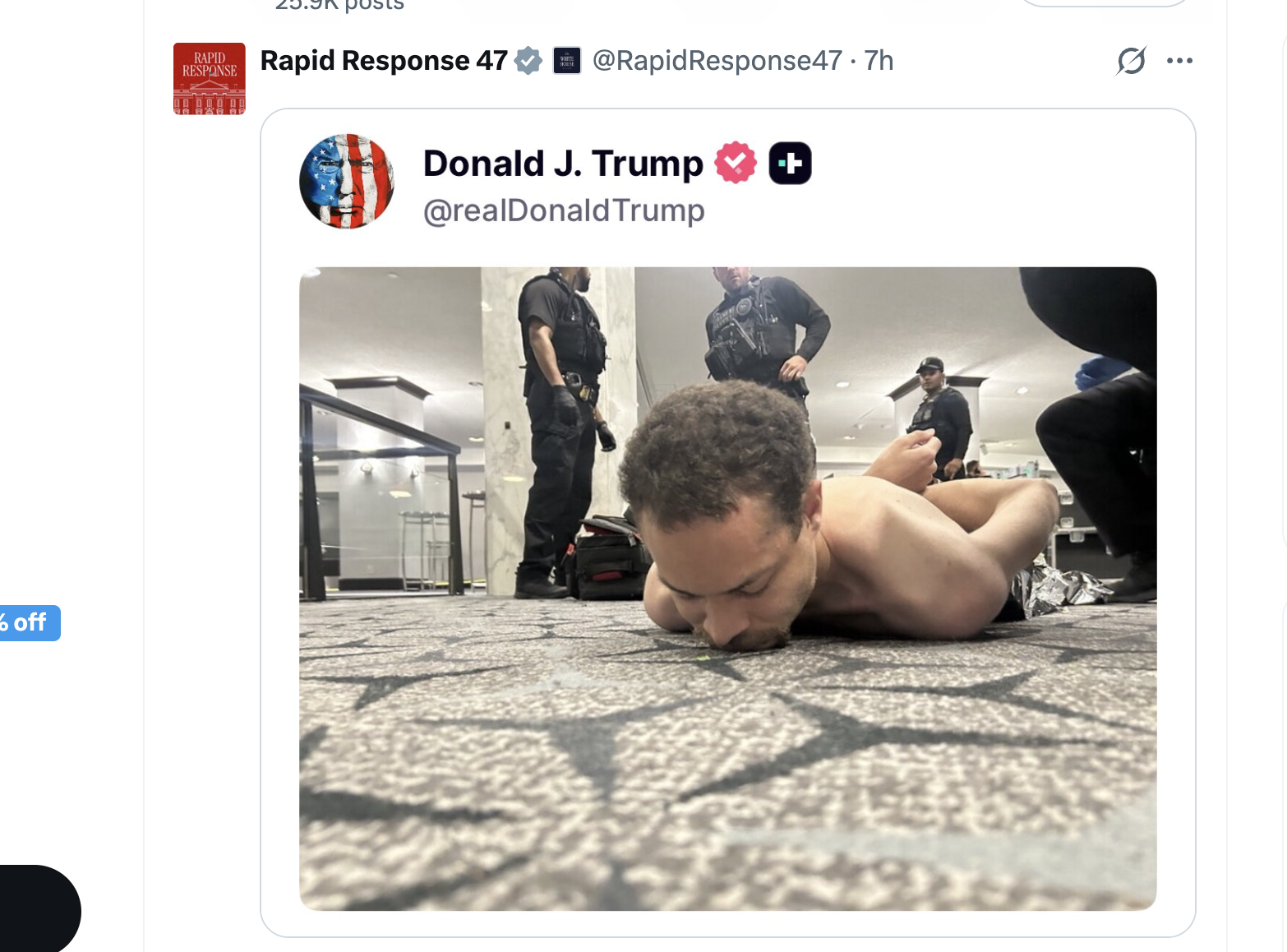 A photograph frin President Donald Trump's Truth Social account of the suspect who was apprehended during the White House Correspondents' Association dinner in Washington on Saturday.