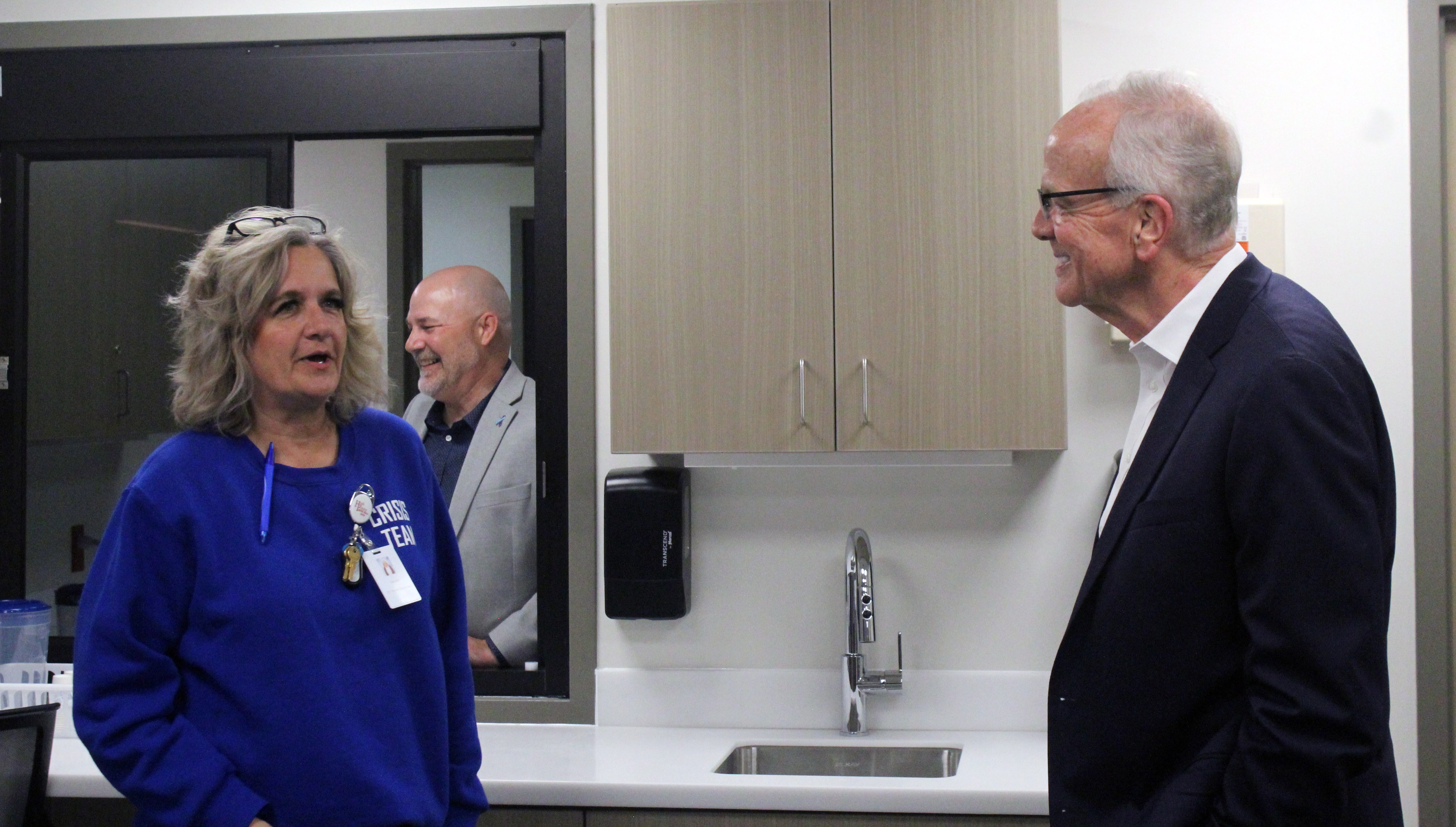 Danielle Lummus, center nurse supervisor, and Moran in the center's pharmacy.&nbsp;Photo by Cristina Janney/ Hays Post<br>