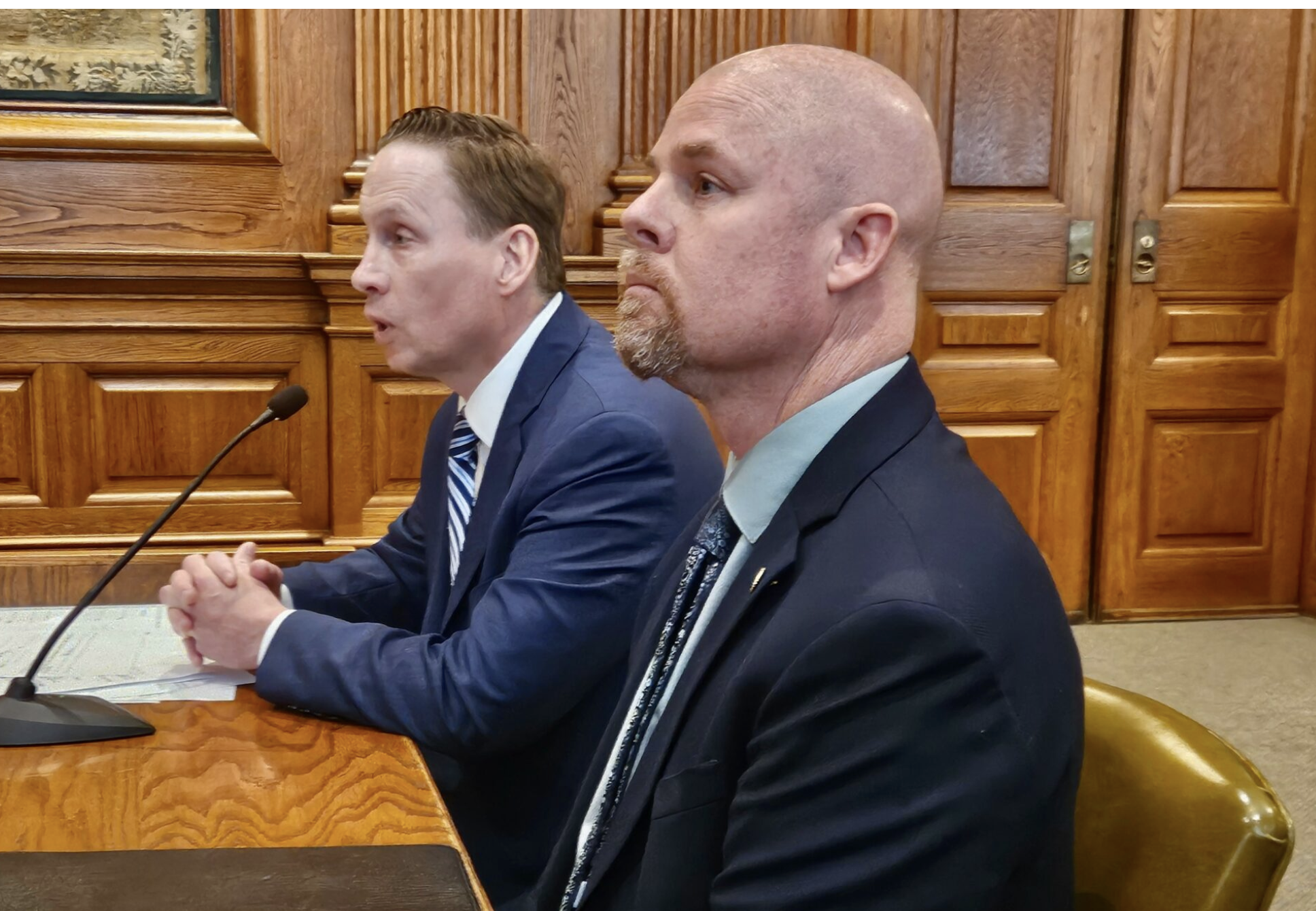 Miles Ross, left, executive director of the Missouri Republican Party, testifies Monday in favor of reinstating the Missouri presidential primary alongside state Rep. Brad Banderman, a St. Clair Republican sponsoring the legislation (Rudi Keller/Missouri Independent).