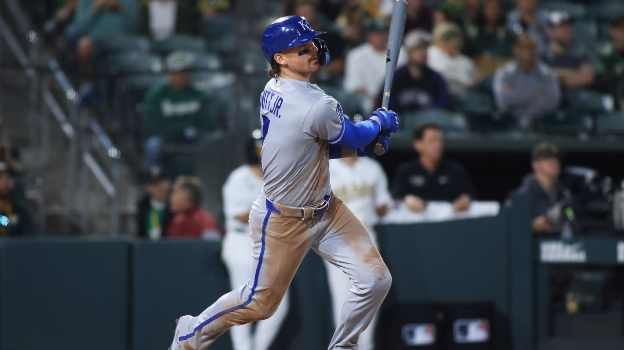 Kansas City Royals' Bobby Witt Jr. hits a three run home run during the 10th inning of a baseball game against the Athletics, Tuesday, April 28, 2026, in West Sacramento, Calif. (AP Photo/Scott Marshall)