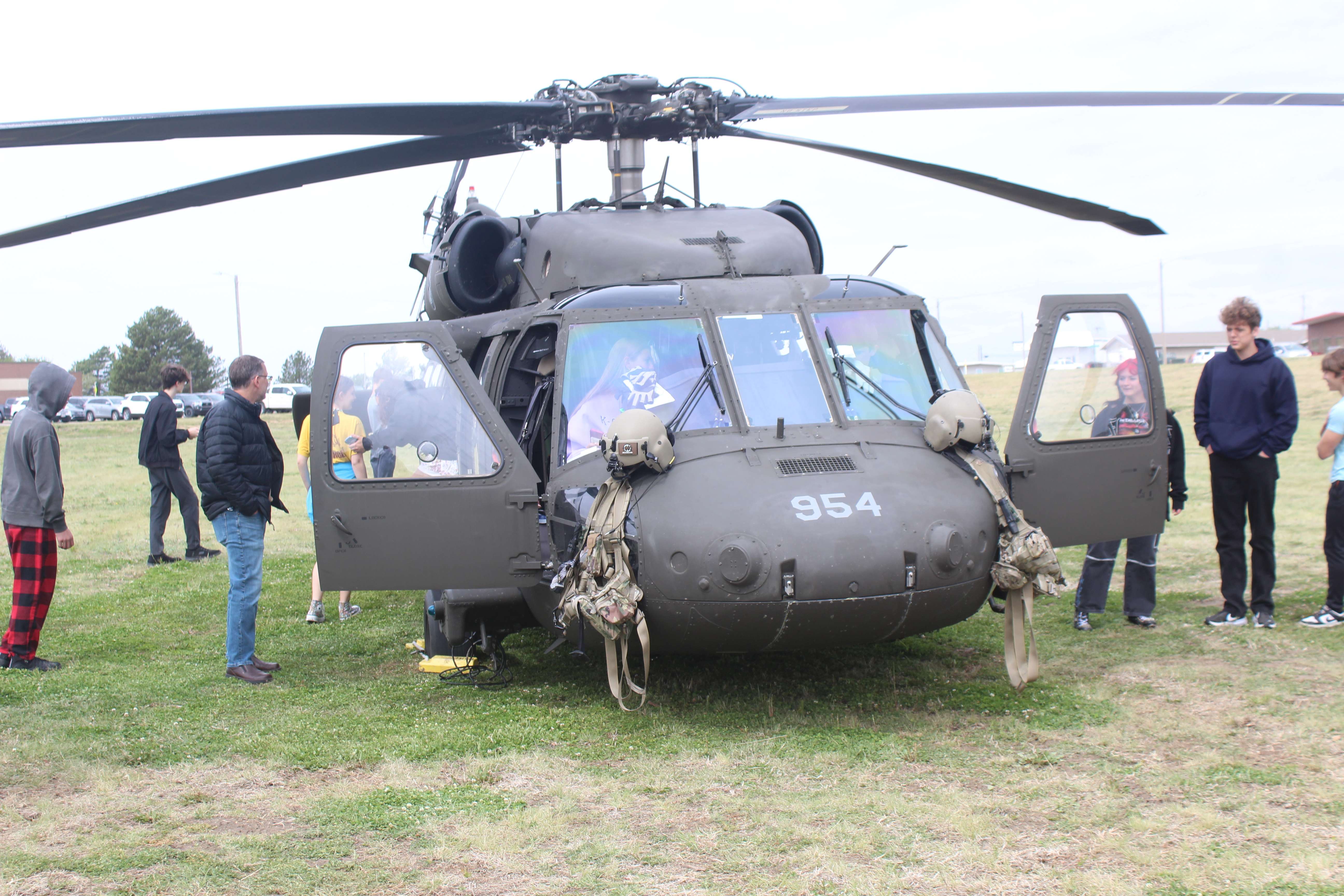 Hays High students were allowed to get up-close looks at the Blackhawk helicopters during a National Guard recruitment visit on Wednesday at Hays High School.&nbsp;Photo by Cristina Janney/Hays Post