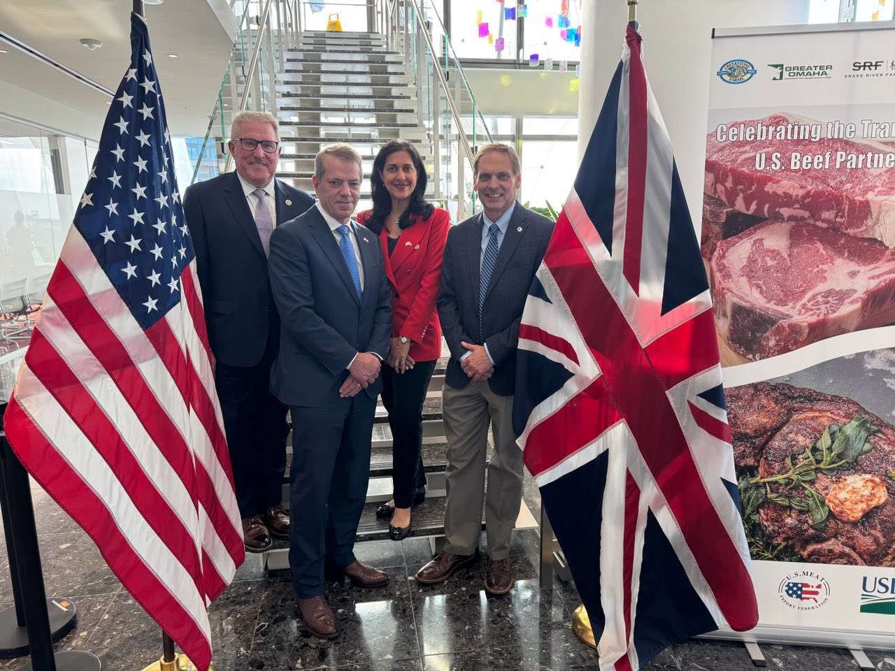 Nebraska Gov. Jim Pillen stands with trade and industry representatives during a visit to London, where he is promoting Nebraska beef and expanding international trade opportunities with the United Kingdom. 