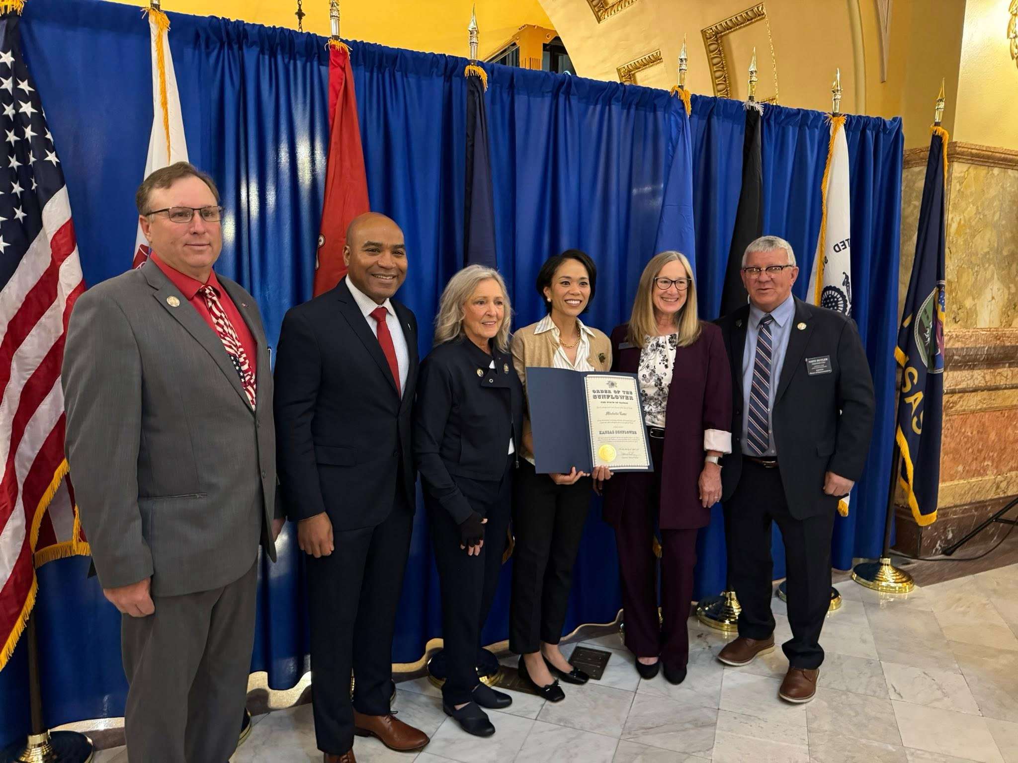 (Pictured from left to right)- Shawn Chauncey, District 65 State Representative, Fort Riley Commanding General, Major Monte L. Rone, Sydney Carlin, District 66 State Representative, First Lady of Fort Riley, Michelle Rone, Junction City Mayor, Terry Butler, and Nathan Butler, District 68 State Representative. (Photo courtesy of Shawn Chauncey).