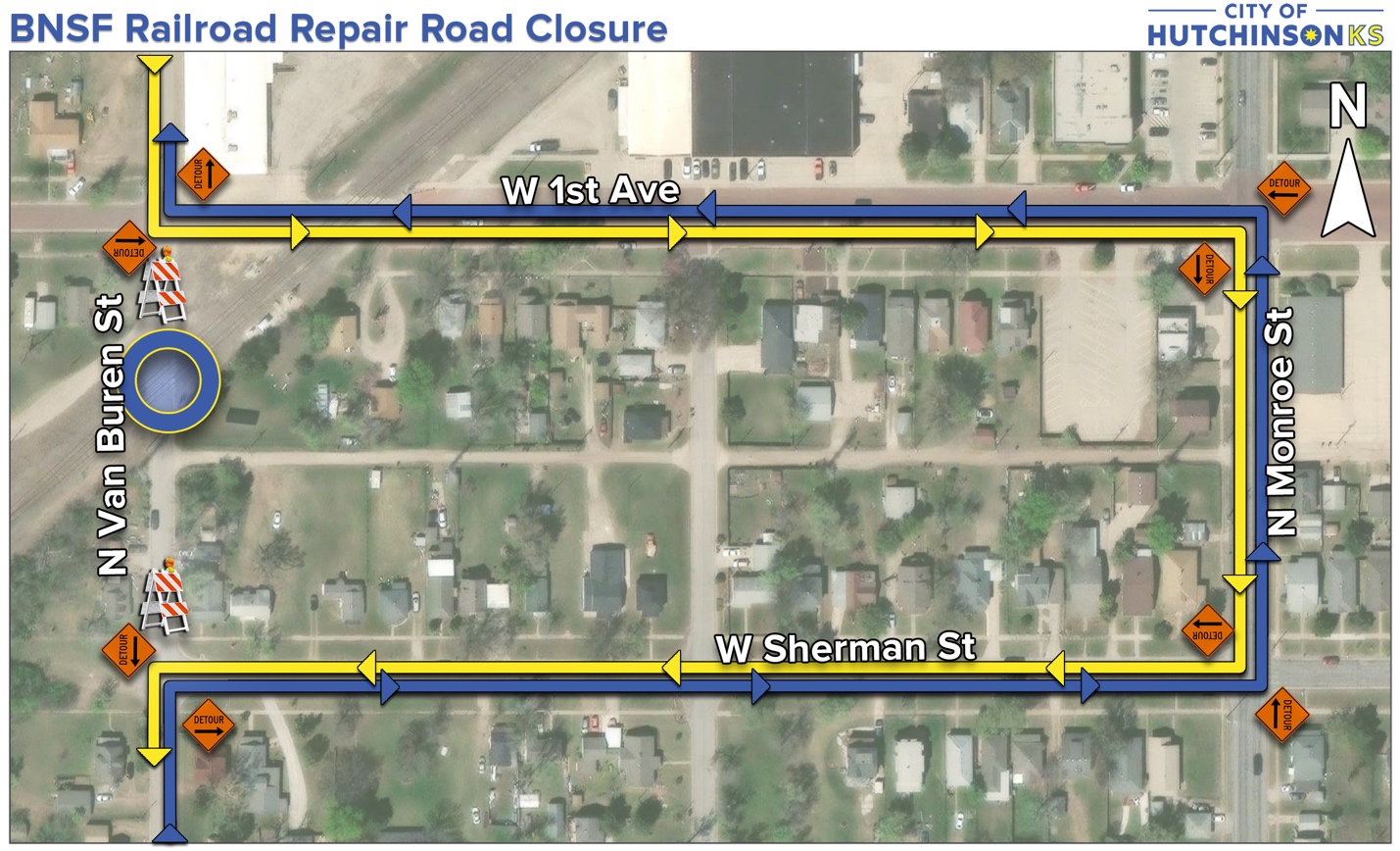 BNSF Van Buren Detour&nbsp;(Map courtesy City of Hutchinson)