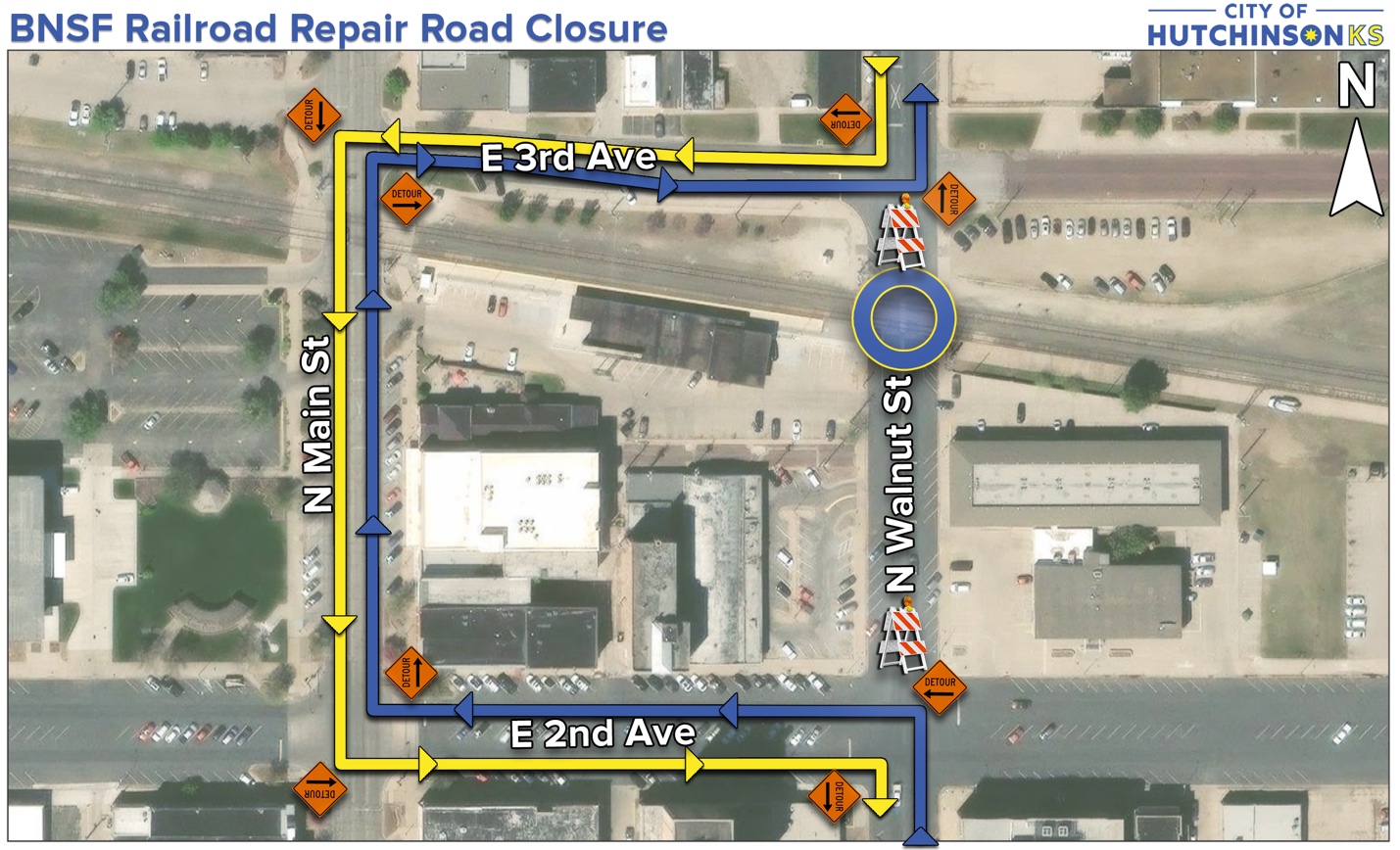 BNSF Walnut Detour.&nbsp; (Map courtesy City of Hutchinson)