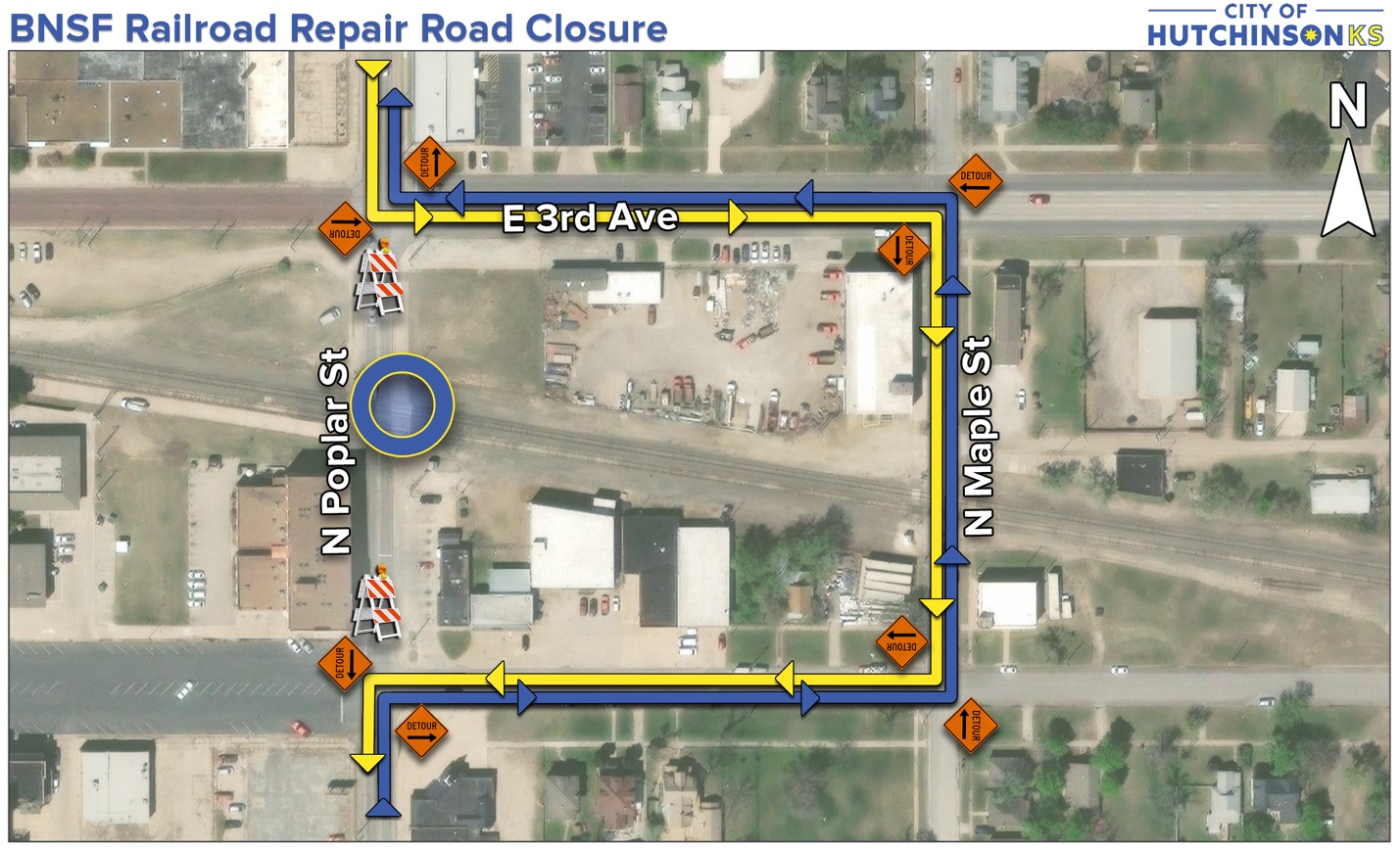 BNSF Poplar Street detour.&nbsp; (Map courtesy City of Hutchinson)