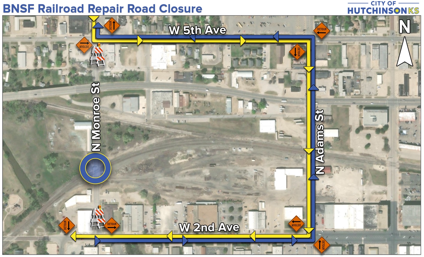BNSF Monroe Street detour.&nbsp;(Map courtesy City of Hutchinson)