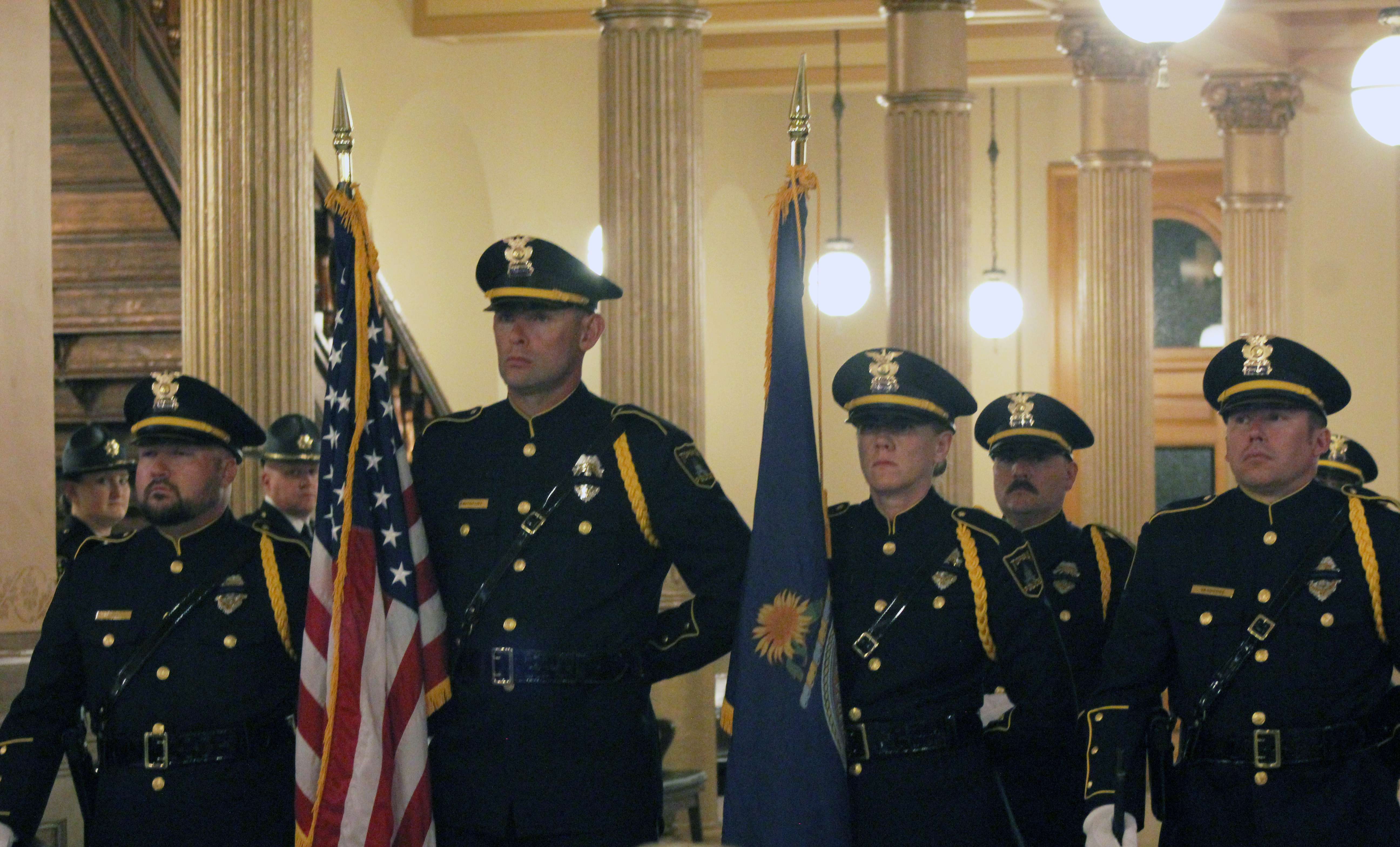 An honor guard stands at attention in the rotunda of the Capitol during ceremonies on Thursday.&nbsp;Photo by Cristina Janney/Hays Post