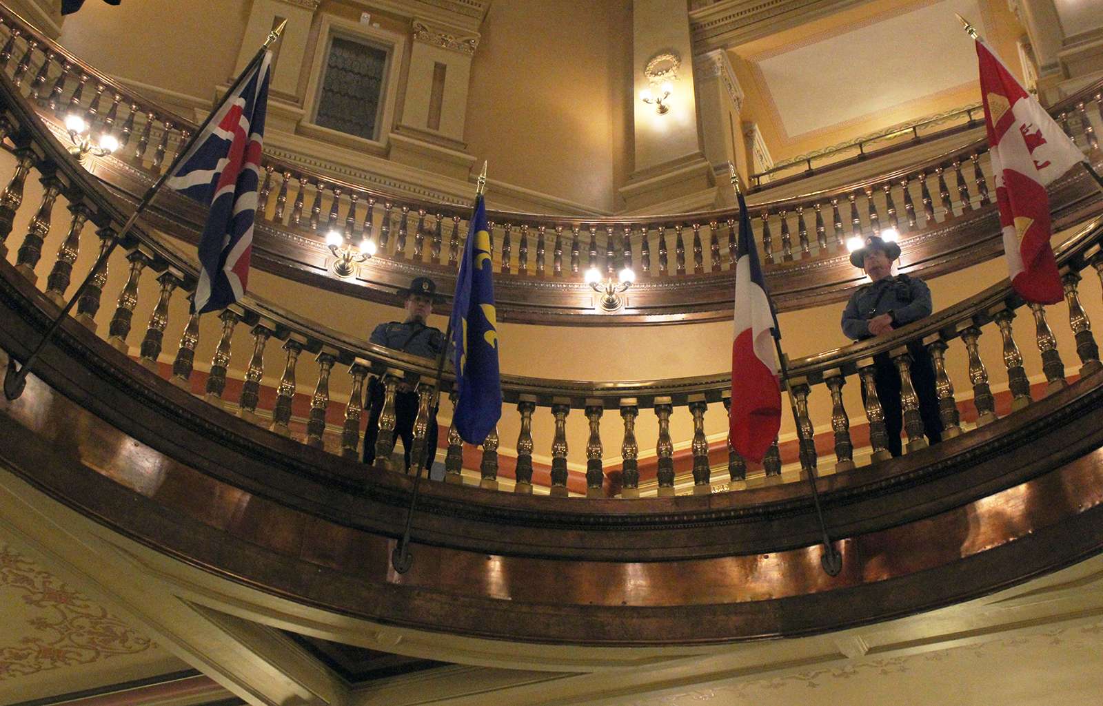 Kansas Highway Patrol troopers in the upper levels of the rotunda at the Capitol on Thursday. Photo by Cristina Janney/Hays Post