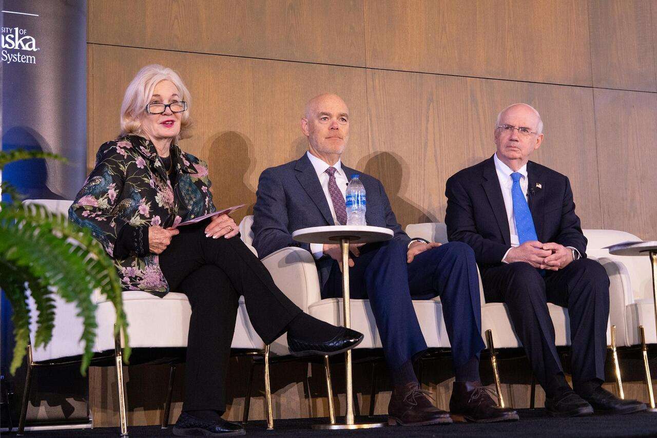 The Hon. Deborah L. Wince-Smith, Primient CEO Jim Stutelberg and President Jeffrey P. Gold, M.D. provided opening perspectives on the second day of the conversation. (Photo: Mia Walter, University of Nebraska System)
