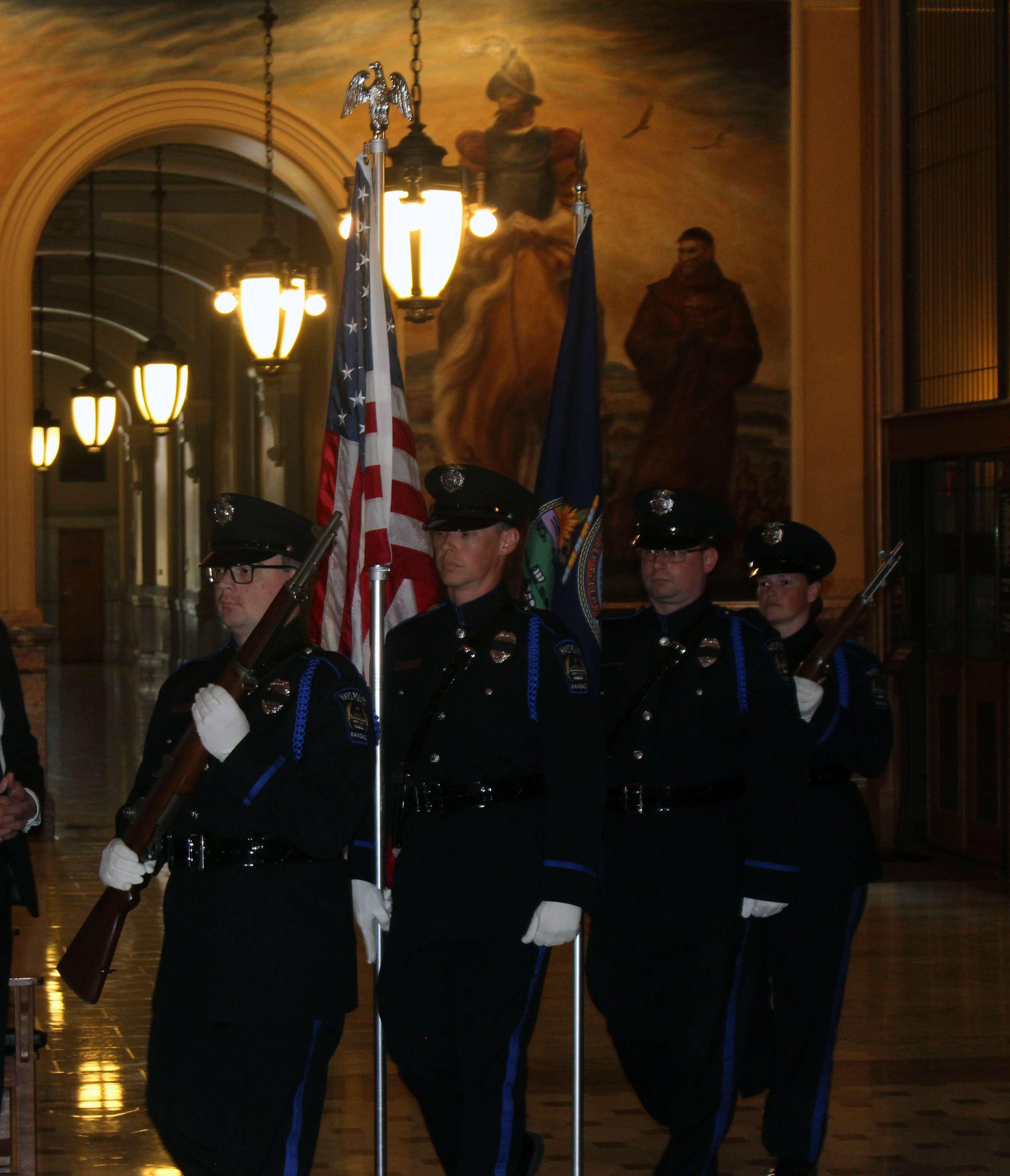 Members of the Hays Police Department serve as a honor guard during the annual Kansas Law Enforcement Memorial ceremony on Friday at the Capitol. Fellow officer Sgt. Scott Heimann, who was killed in the line of duty on Sept. 28, was among those honored.&nbsp;Photo by Cristina Janney/Hays Post