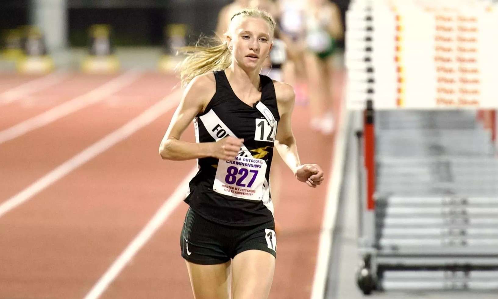 Fort Hays State's Emily McCullough wins her third conference title, winning the 10,000 meters at the MIAA Track and Field Championships on Friday, May 1, 2026 in Pittsburg, Kan. (FHSU Athletics photo/Derek Livingston/Pittsburg State)