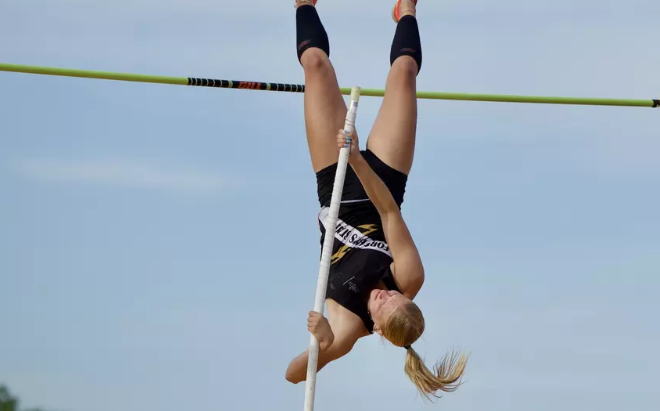 Fort Hays State's Annabeth Baalmann broke her own school record in the pole vault after clearing the bar at 14-1 on her second attempt at the MIAA Track and Field Outdoor Championships on Sunday, May 3, 2026 in Pittsburg, Kan. (FHSU Athletics/Derek Livingston/PSU Athletics)