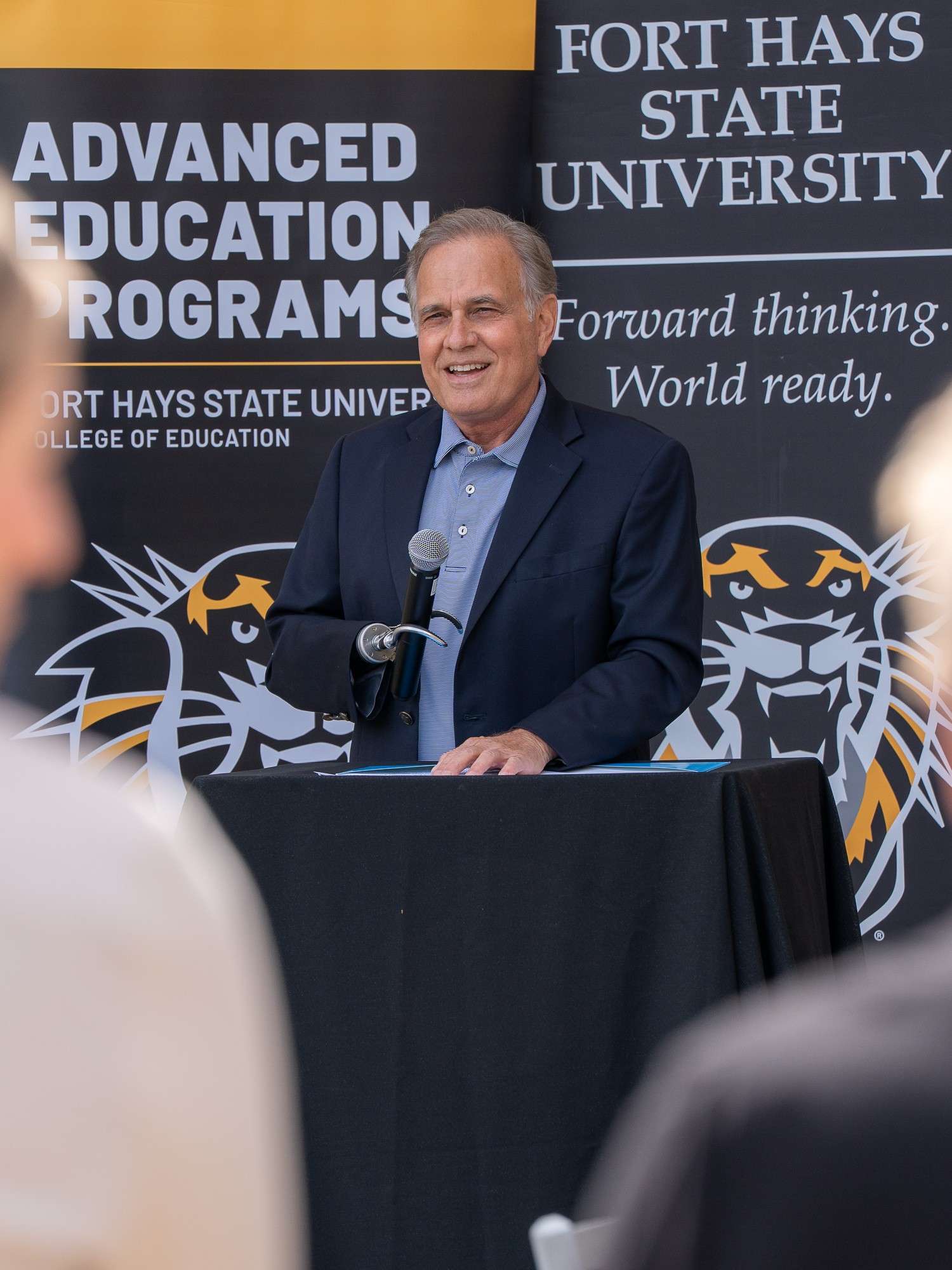 Frank Shoffner, President /EO of Credit Union of America, speaks to attendees during Monday morning’s partnership announcement. Picture courtesy Fort Hays State University