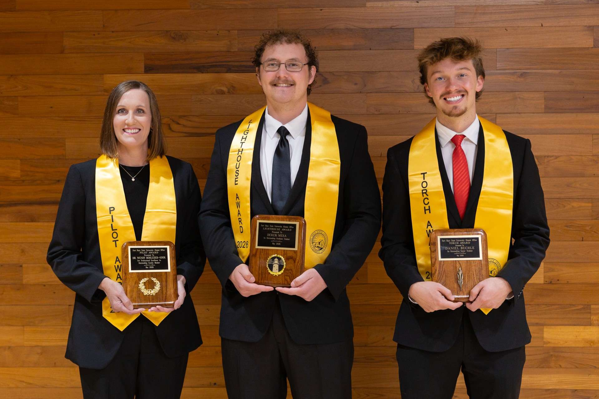 Dr. Wendy Rohleder-Sook,&nbsp;Derek Mesa and Daniel Bechle,&nbsp;Fort Hays State University 2026 Commencement Award recipients. Photo courtesy FHSU
