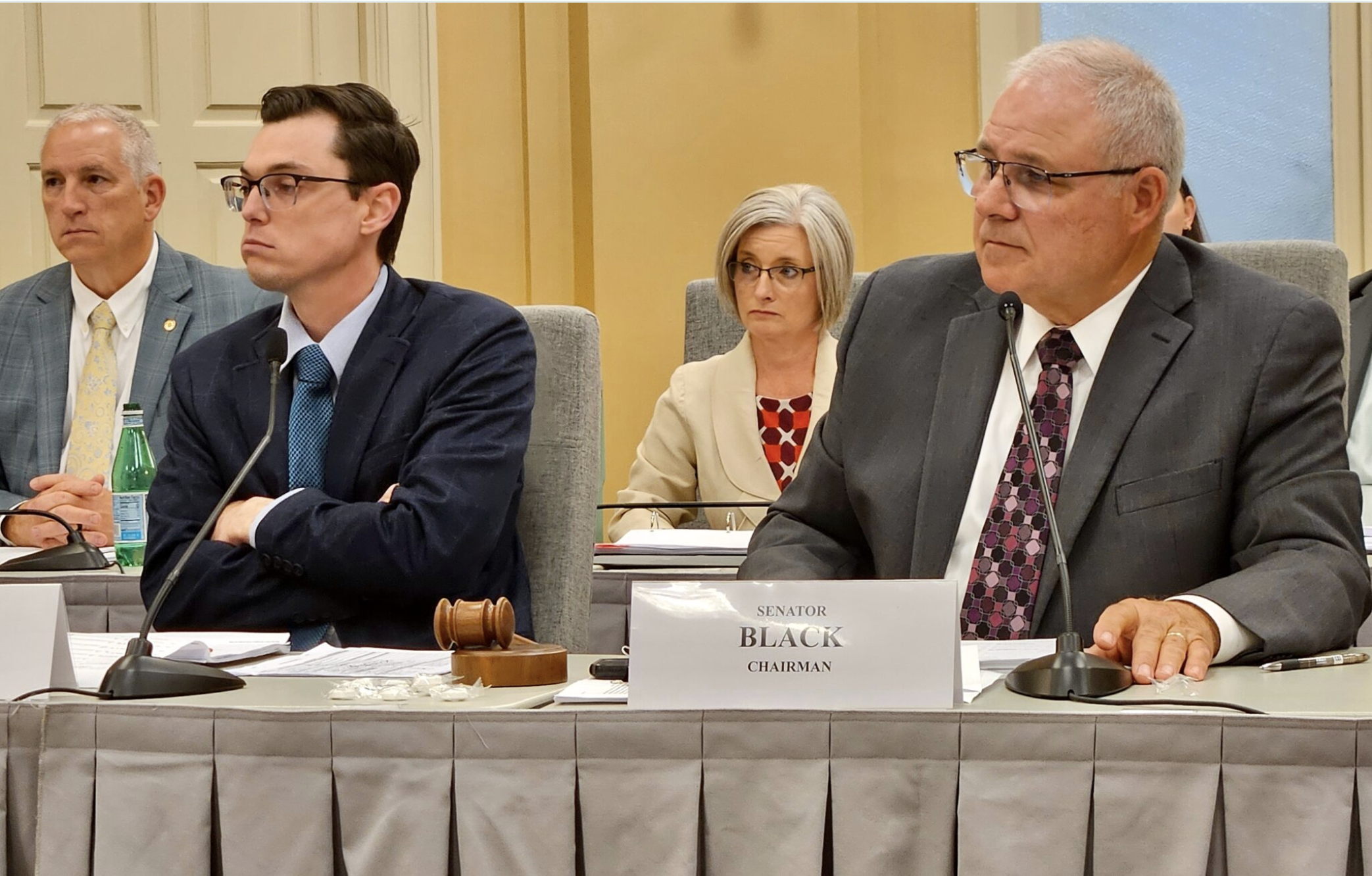 House Budget Committee Chairman Dirk Deaton, R-Seneca, left, and Senate Appropriations Committee Chairman Rusty Black, R-Chillicothe, during the Monday conference committee meeting to set a final Missouri state budget. (Rudi Keller/Missouri Independent)