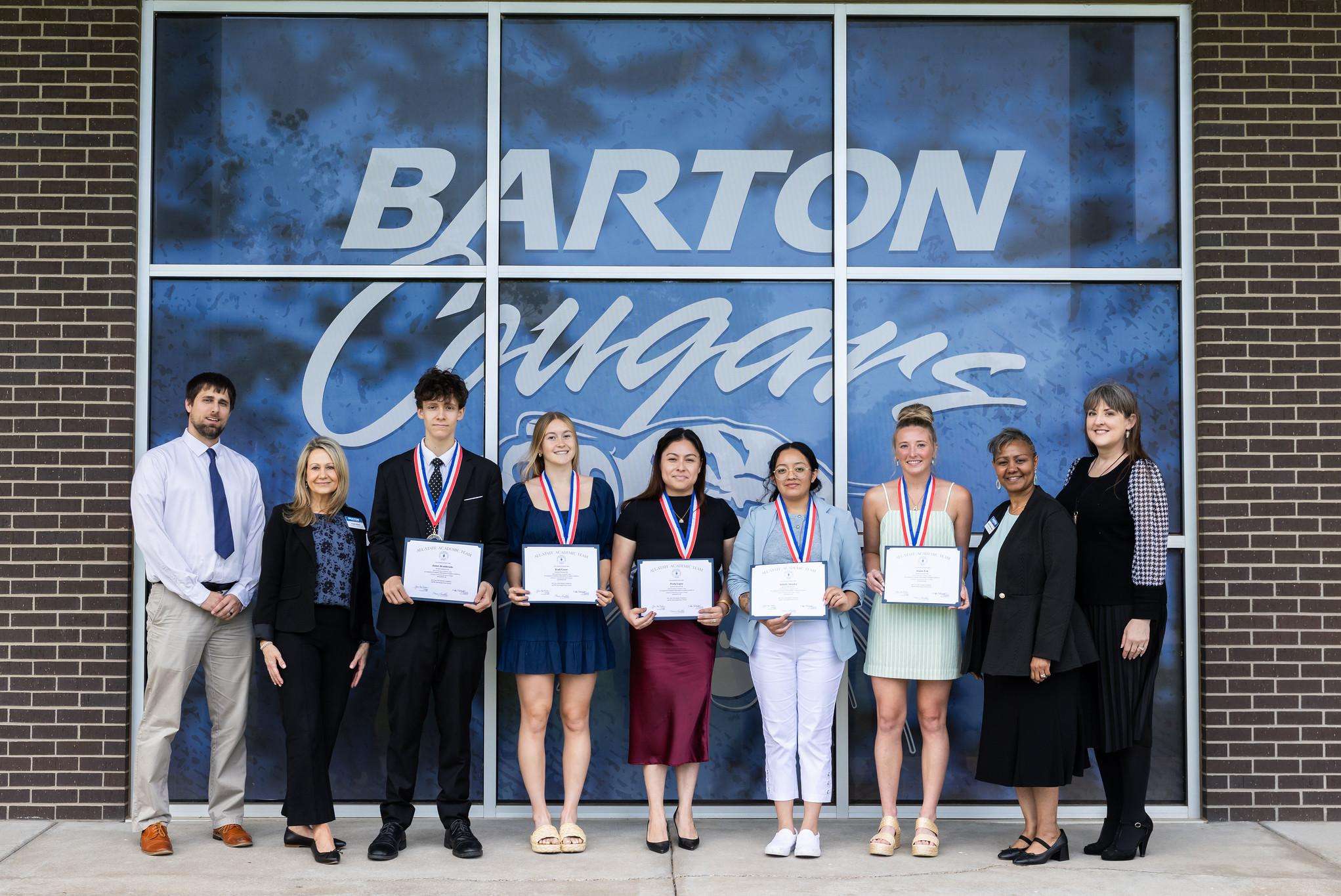 Attendees of the Phi Theta Kappa (PTK) All-State Academic Team celebration on the Barton campus Monday were (from left) PTK Sponsor Nolan Esfeld, PTK Sponsor Angie Maddy, Barton students James Braithwaite, Kodi Greer, Perla Lopez, Alaina Eck, and Xitlally Mendez, and PTK sponsors Erika Jenkins Moss and Janet Balk.